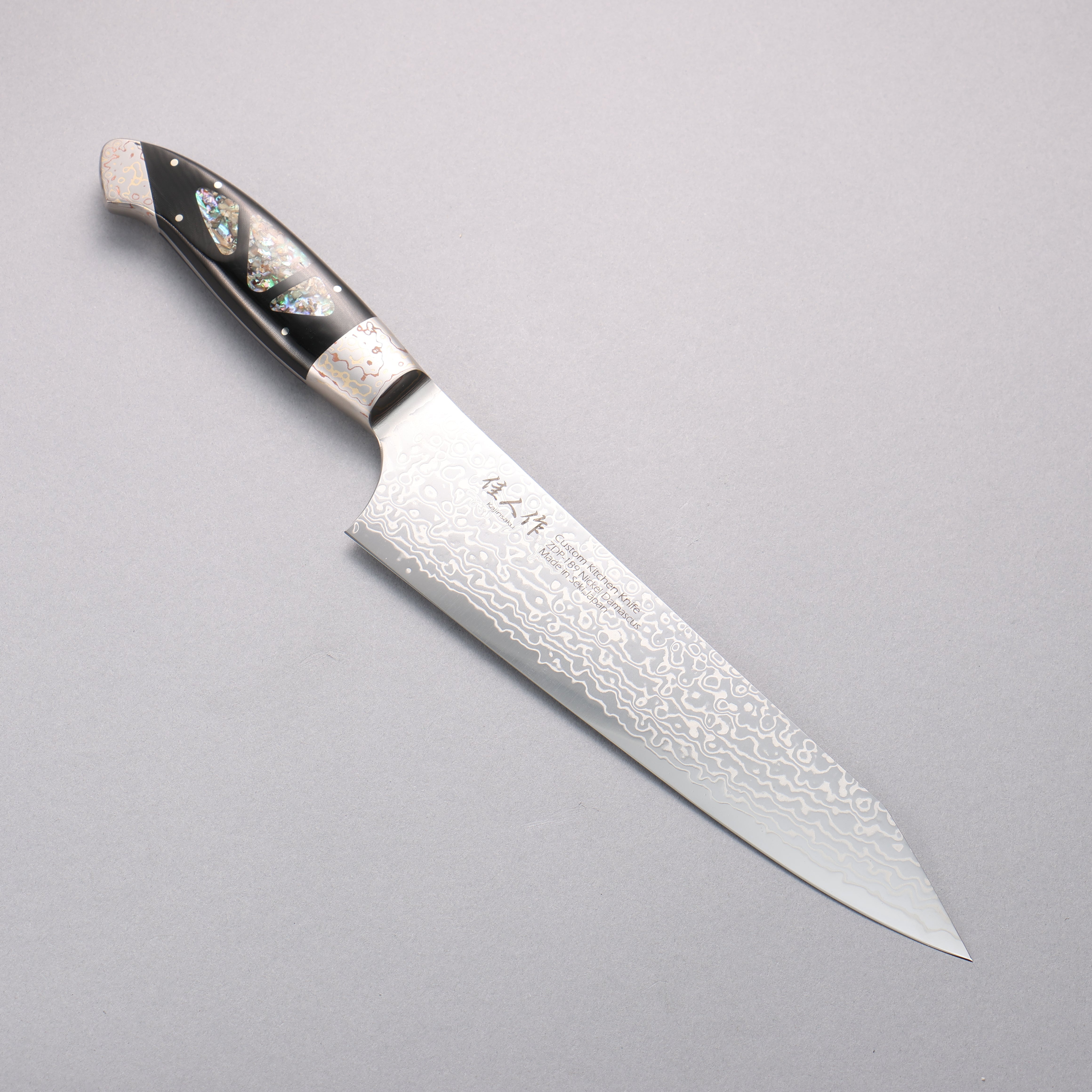 Kajin ZDP189 Damascus Migaki Finished Kiritsuke Gyuto 210mm Abalone Inlay Handle - Seisuke Knife