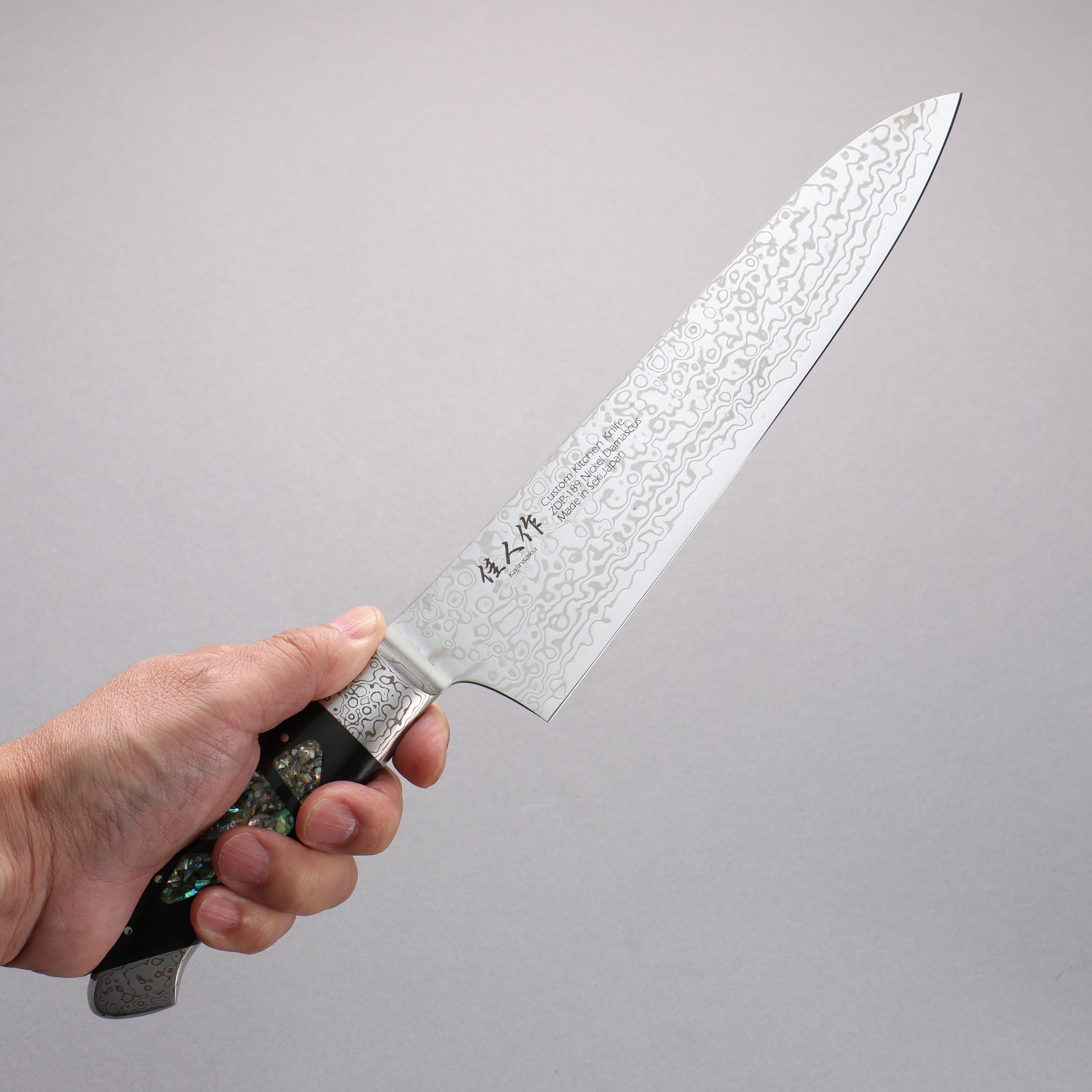 Kajin ZDP189 Damascus Migaki Finished Gyuto 210mm Abalone Inlay Handle - Seisuke Knife