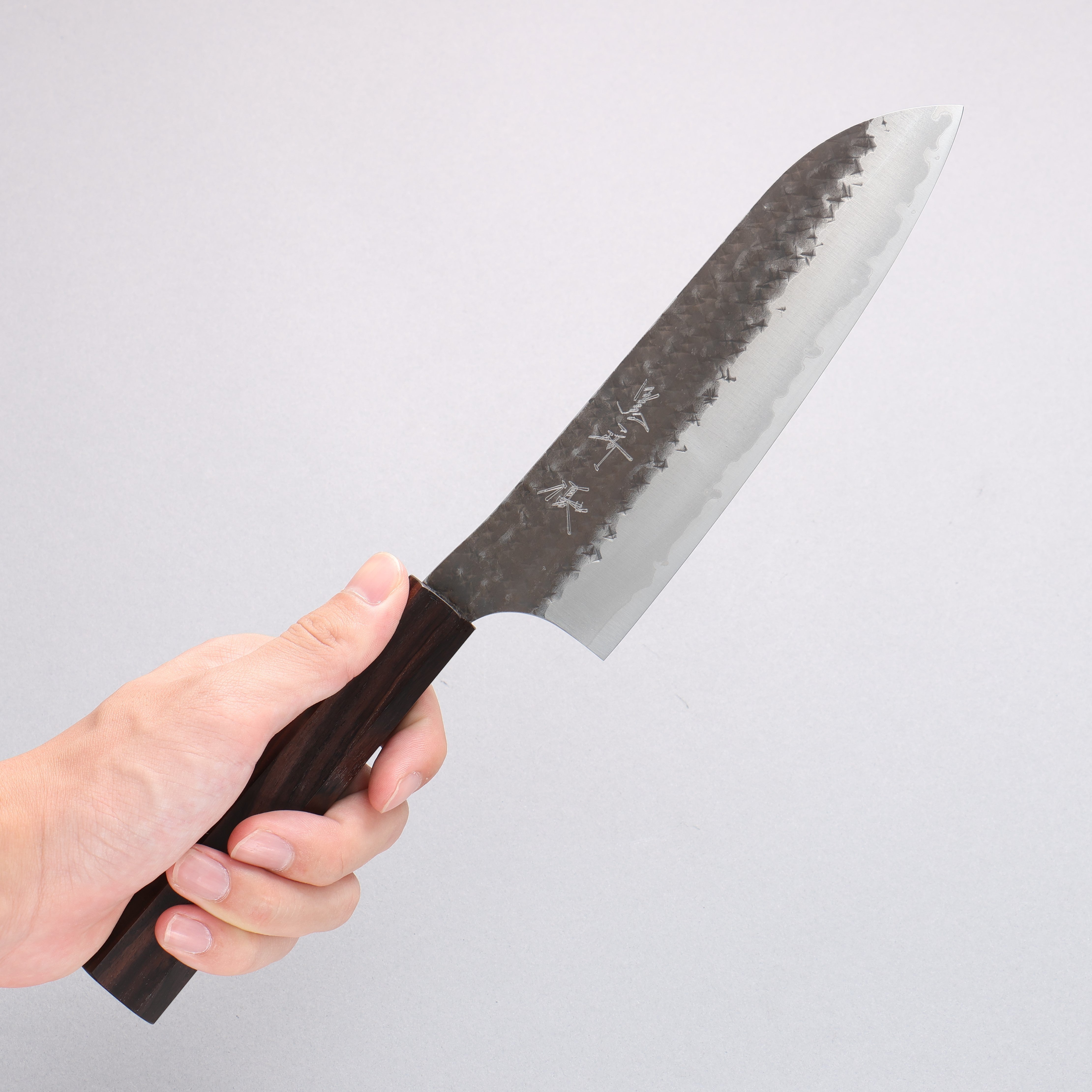 Yu Kurosaki Senko Ryu Blue Super Hammered Kurouchi Santoku 165mm Ebony Wood Handle - Seisuke Knife