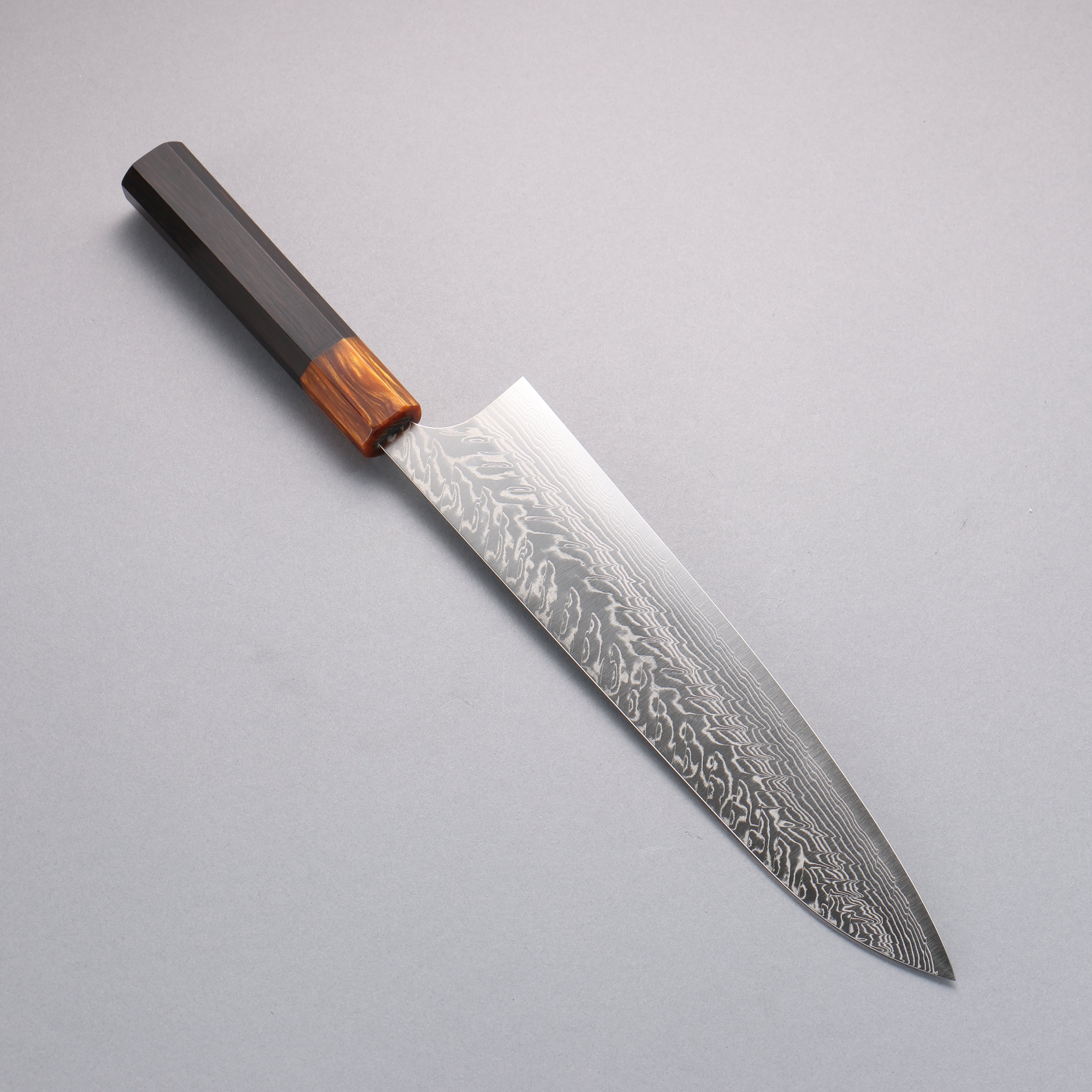 Yoshimi Kato SG2 Damascus Migaki Finished Gyuto 240mm Ebony (ferrule: Orange Resin) Handle - Seisuke Knife