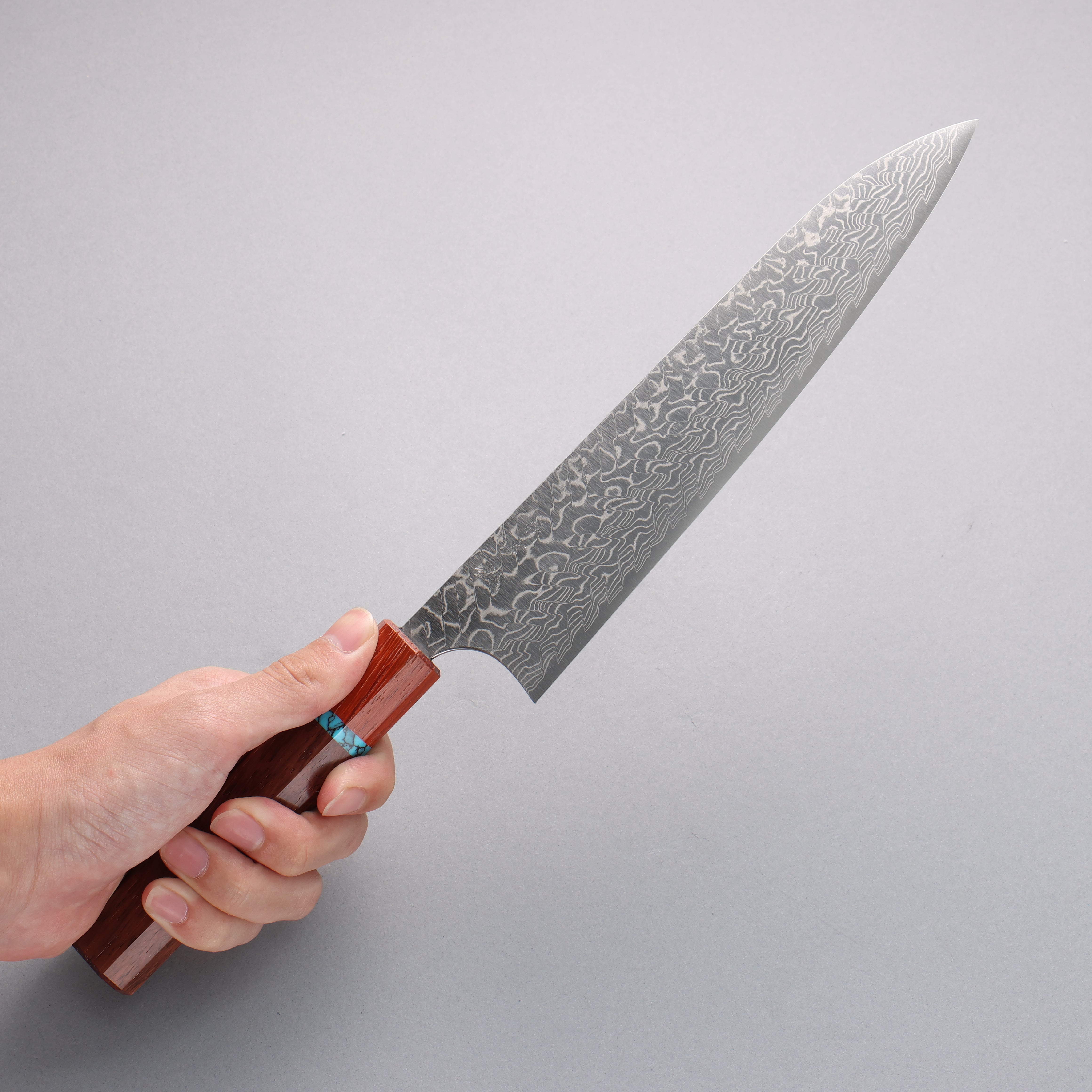 Yoshimi Kato SG2 Damascus Migaki Finished Gyuto 210mm Rosewood (Turquoise Ring) Handle - Seisuke Knife