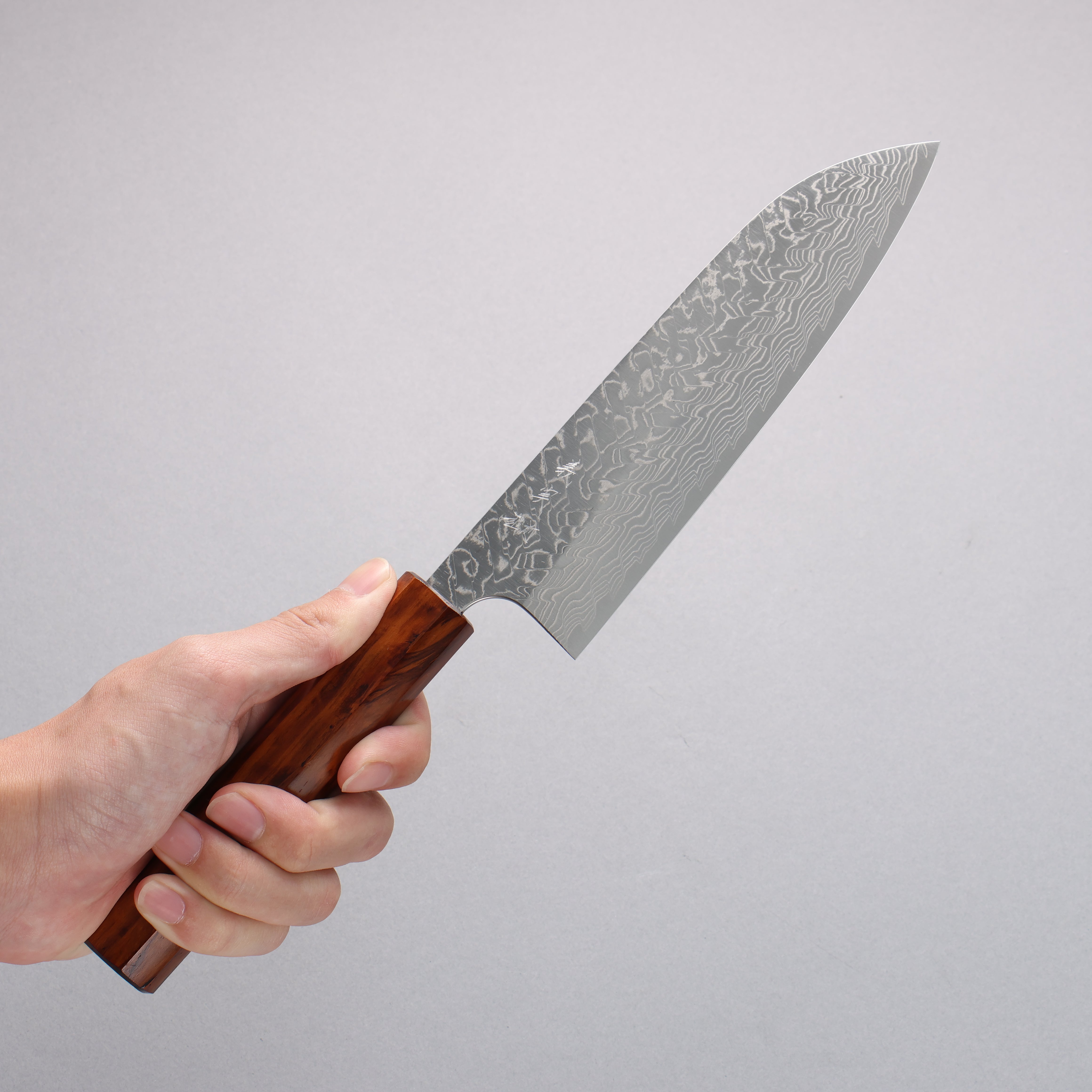 Yoshimi Kato SG2 Damascus Migaki Finished Santoku 170mm Cedar Burl (Laquered) Handle - Seisuke Knife