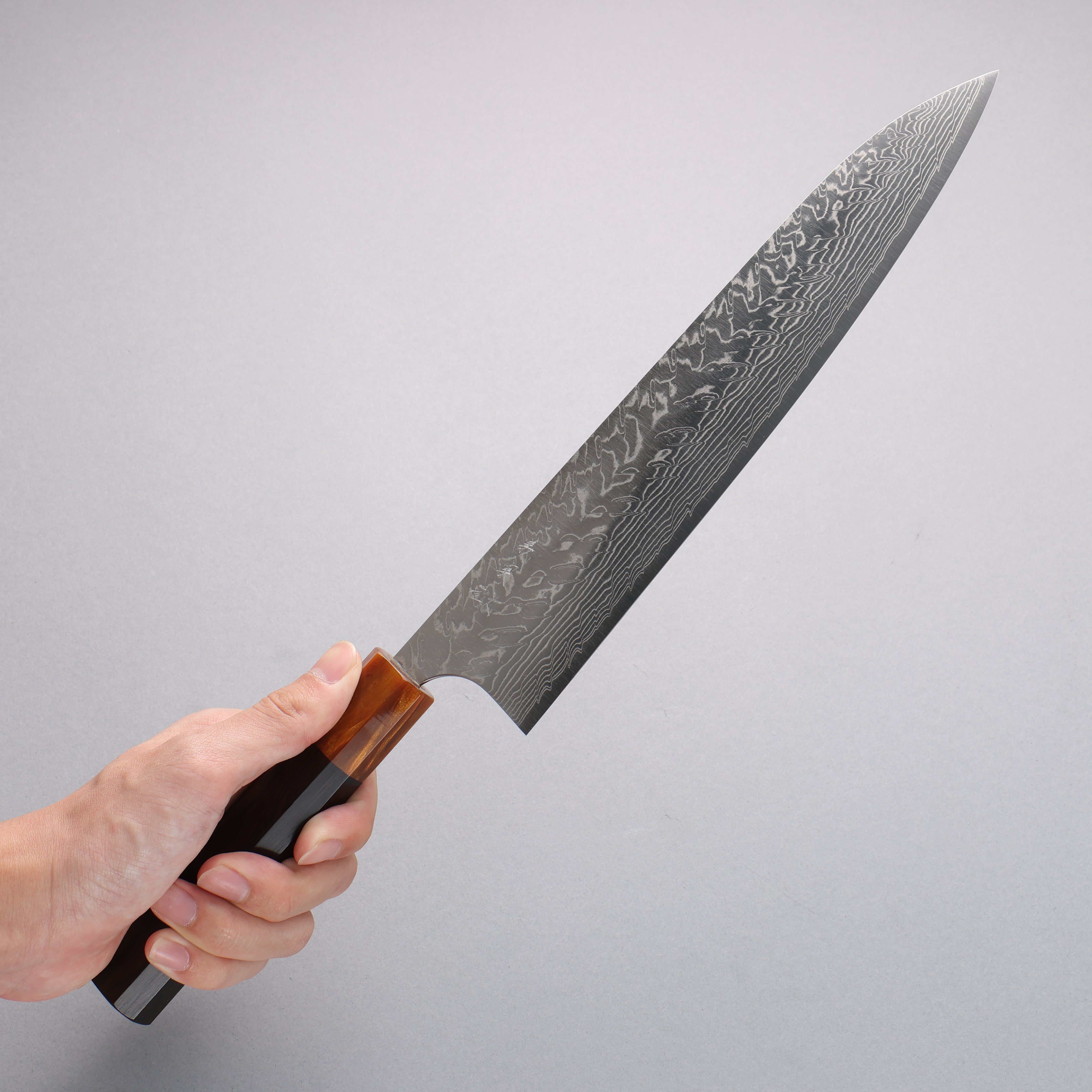 Yoshimi Kato SG2 Damascus Migaki Finished Gyuto 240mm Ebony (ferrule: Orange Resin) Handle - Seisuke Knife