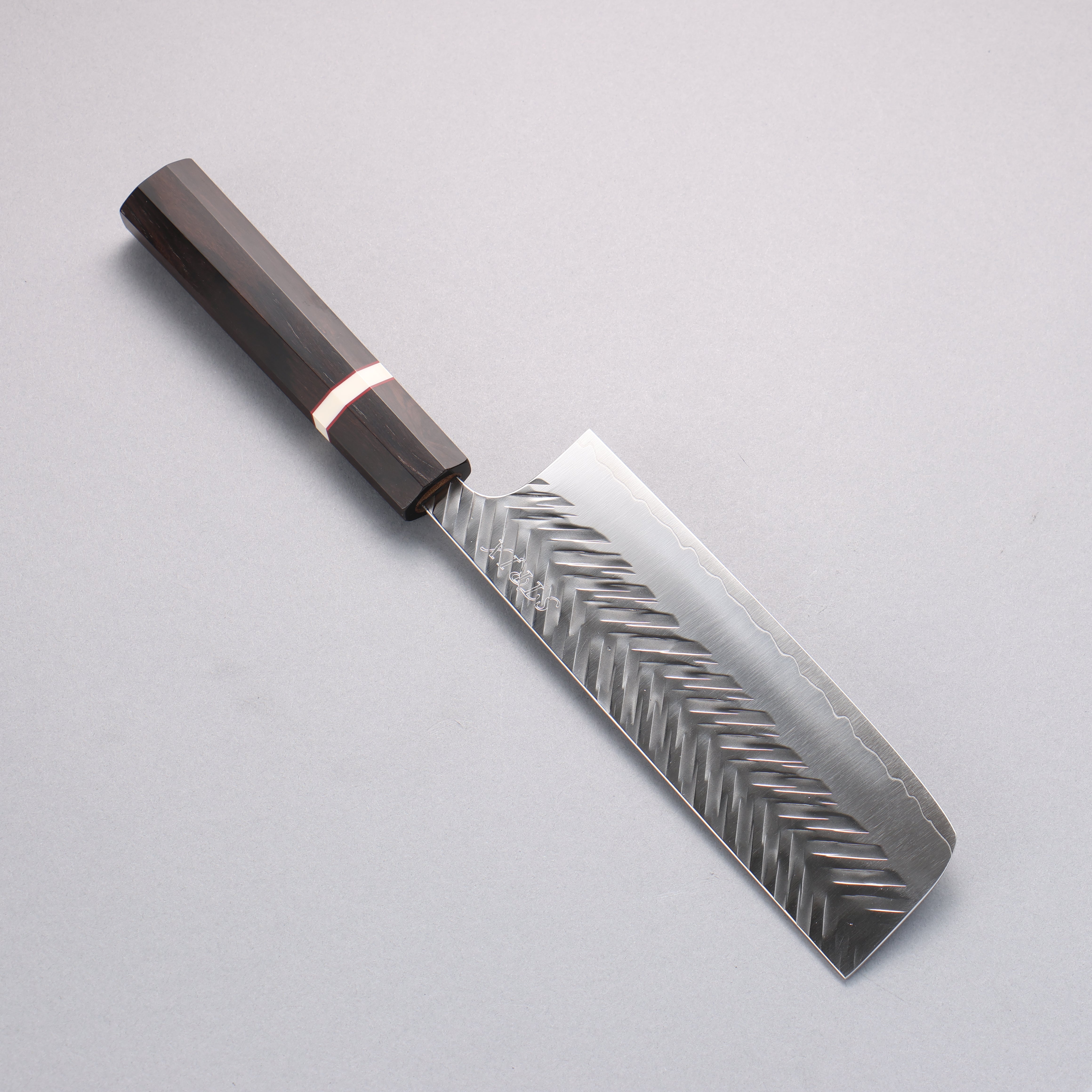 Yoshimi Kato SPG STRIX V-Hammered Nakiri 165mm Ebony Wood & White Ring Handle - Seisuke Knife