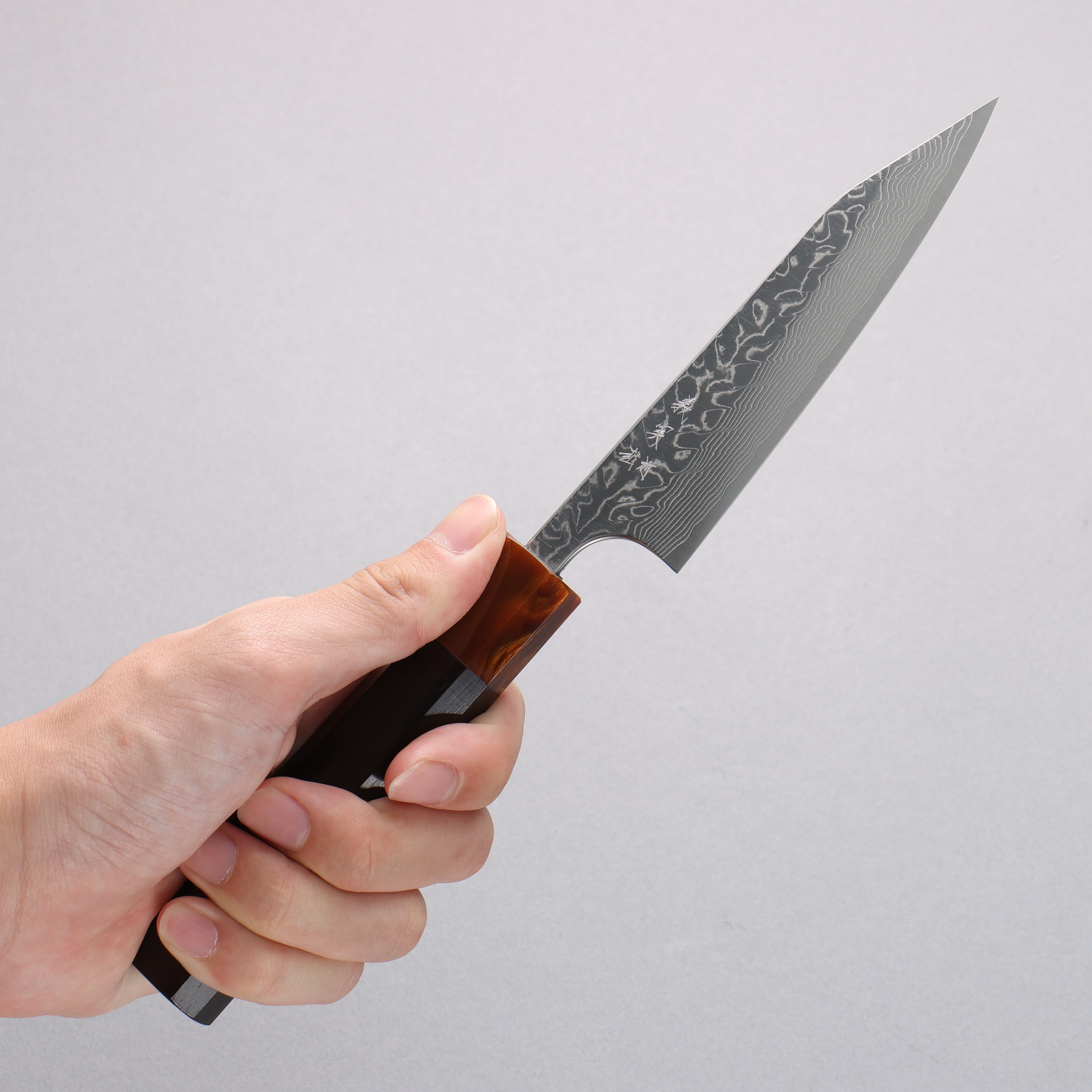 Yoshimi Kato SG2 Damascus Migaki Finished Kiritsuke Petty-Utility 120mm Ebony (ferrule: Orange Resin) Handle - Seisuke Knife