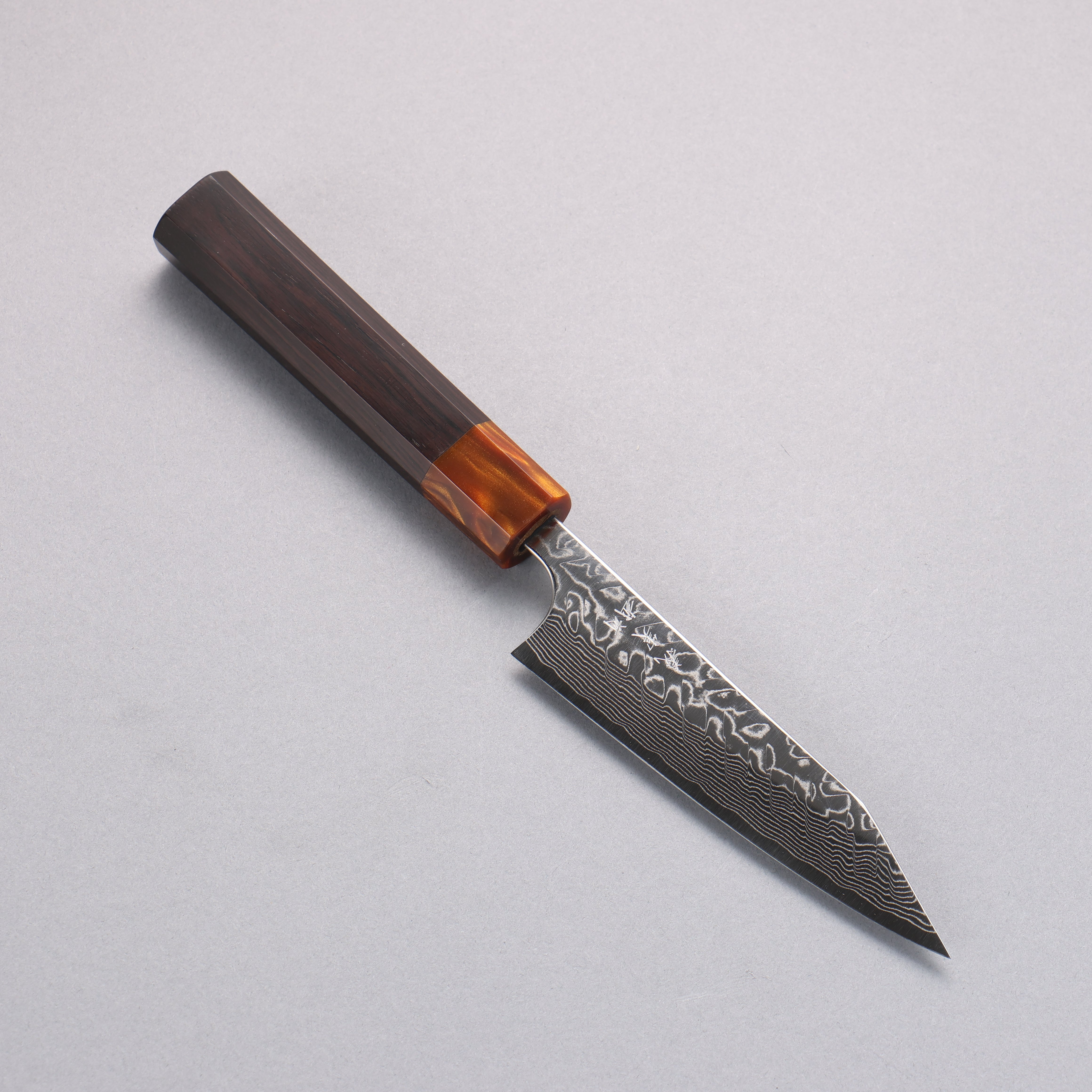 Yoshimi Kato SG2 Damascus Migaki Finished Kiritsuke Petty-Utility 120mm Ebony (ferrule: Orange Resin) Handle - Seisuke Knife