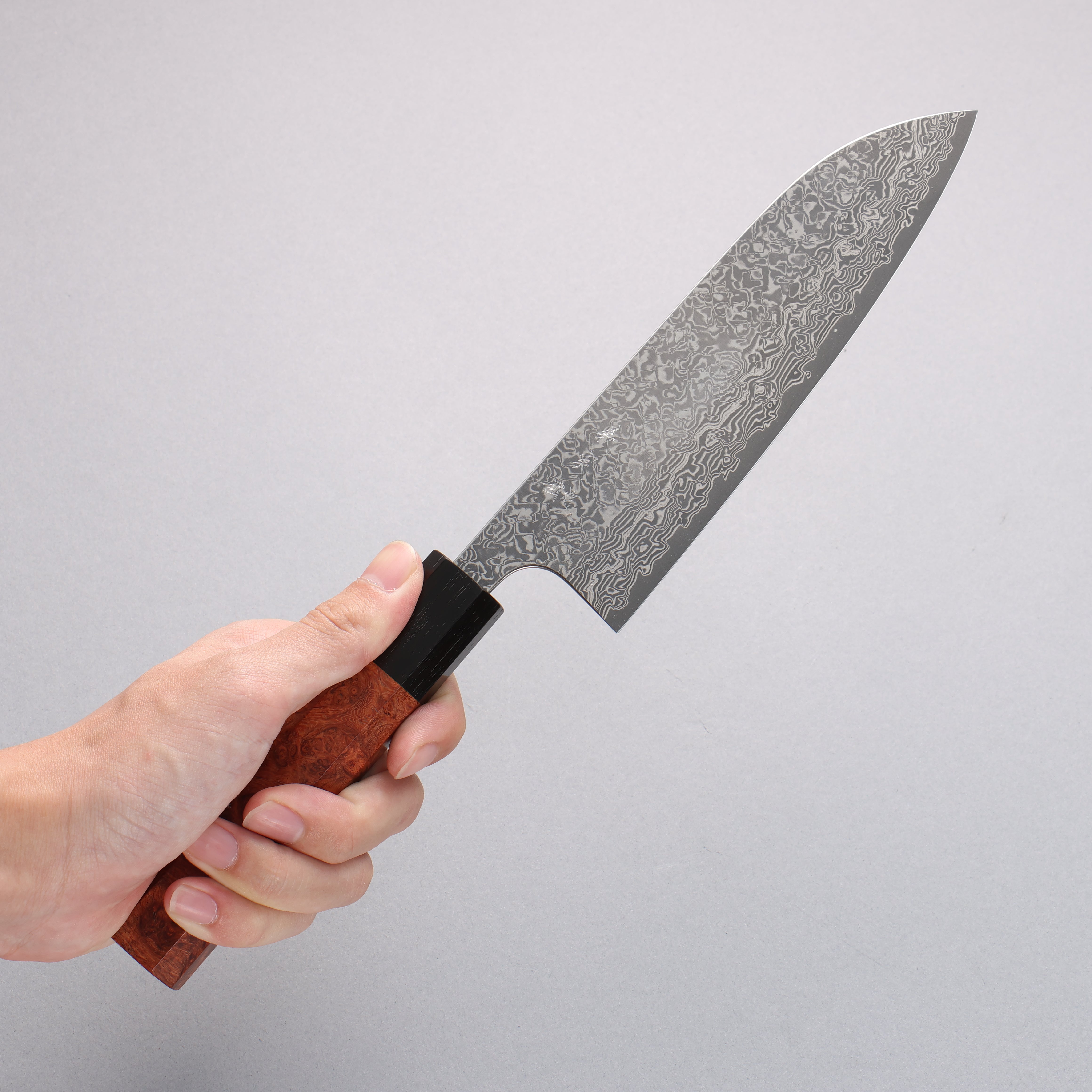 Yoshimi Kato VG10 Black Damascus Santoku 170mm Chinese Quince Burl (Ferrule: Ebony) Handle - Seisuke Knife