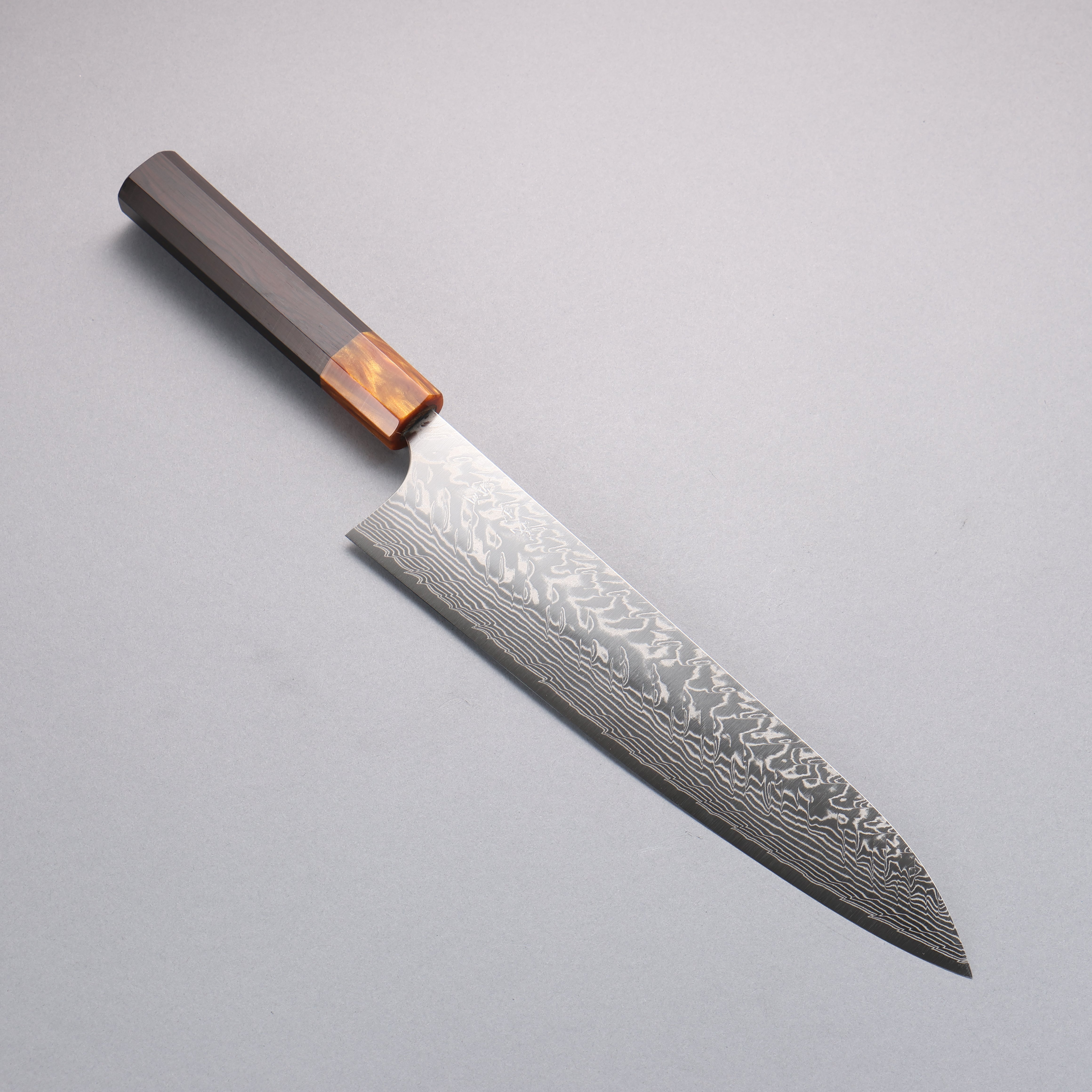 Yoshimi Kato SG2 Damascus Migaki Finished Gyuto 240mm Ebony (ferrule: Orange Resin) Handle - Seisuke Knife