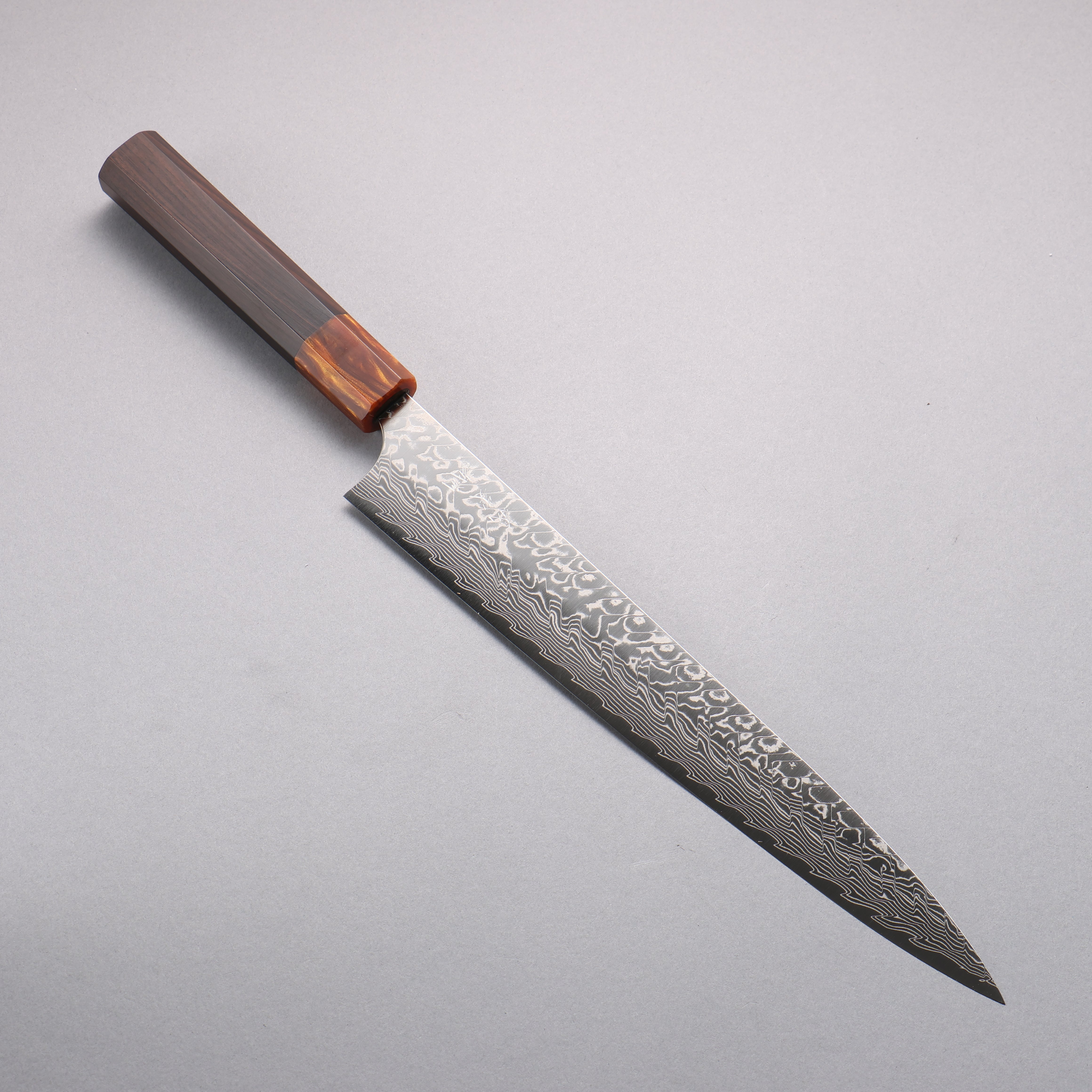 Yoshimi Kato SG2 Damascus Migaki Finished Sujihiki 270mm Ebony (ferrule: Orange Resin) Handle - Seisuke Knife