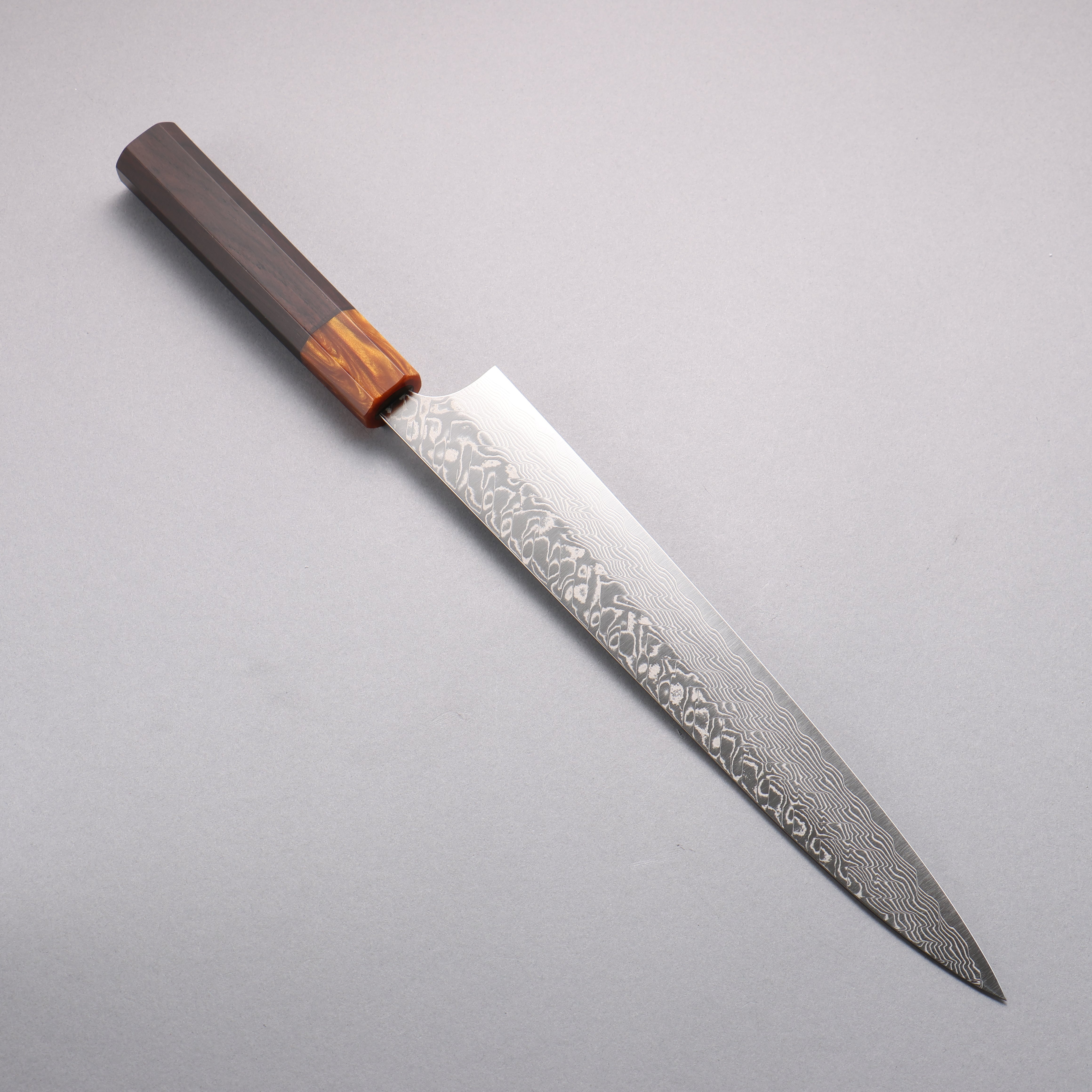 Yoshimi Kato SG2 Damascus Migaki Finished Sujihiki 270mm Ebony (ferrule: Orange Resin) Handle - Seisuke Knife