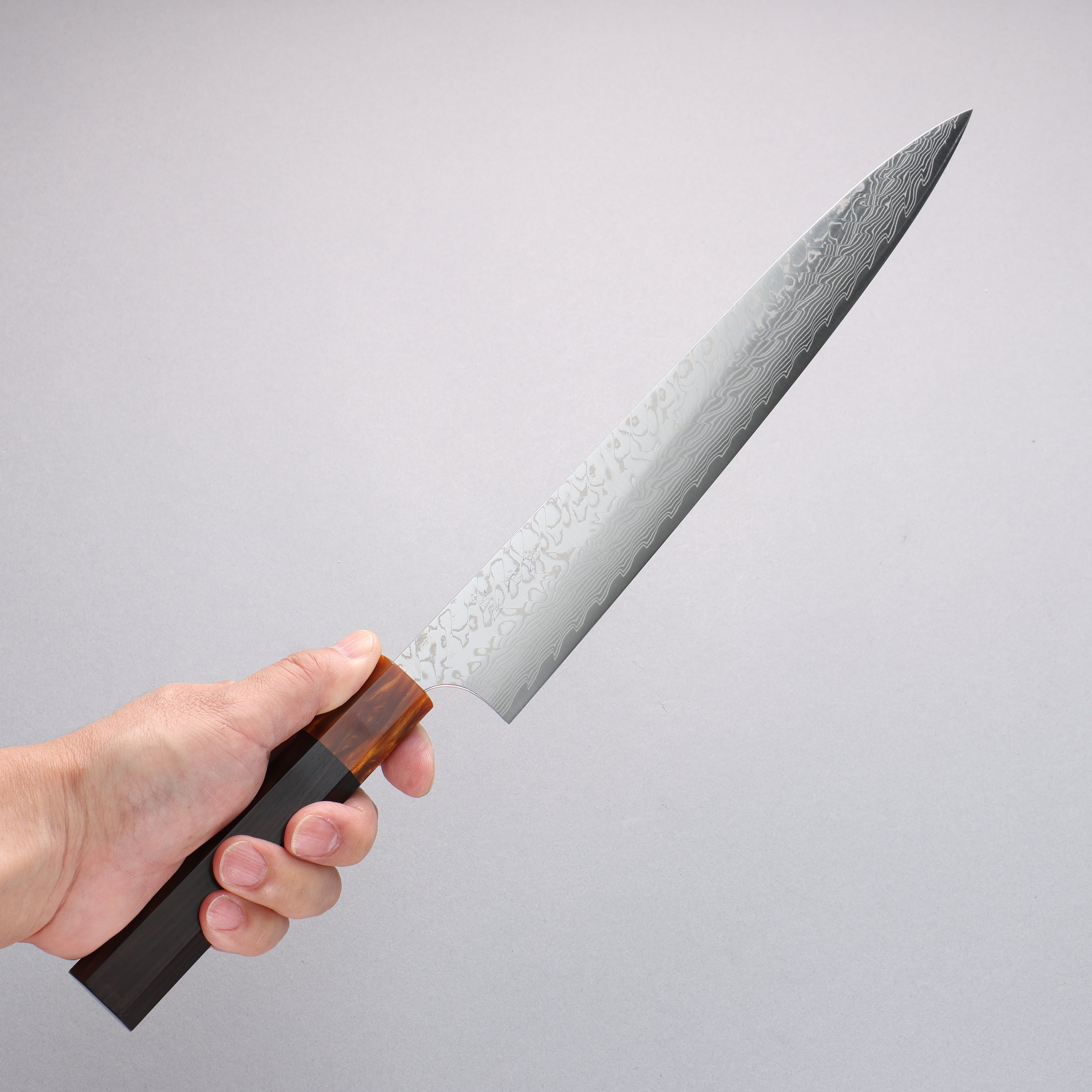 Yoshimi Kato SG2 Damascus Migaki Finished Sujihiki 270mm Ebony (ferrule: Orange Resin) Handle - Seisuke Knife