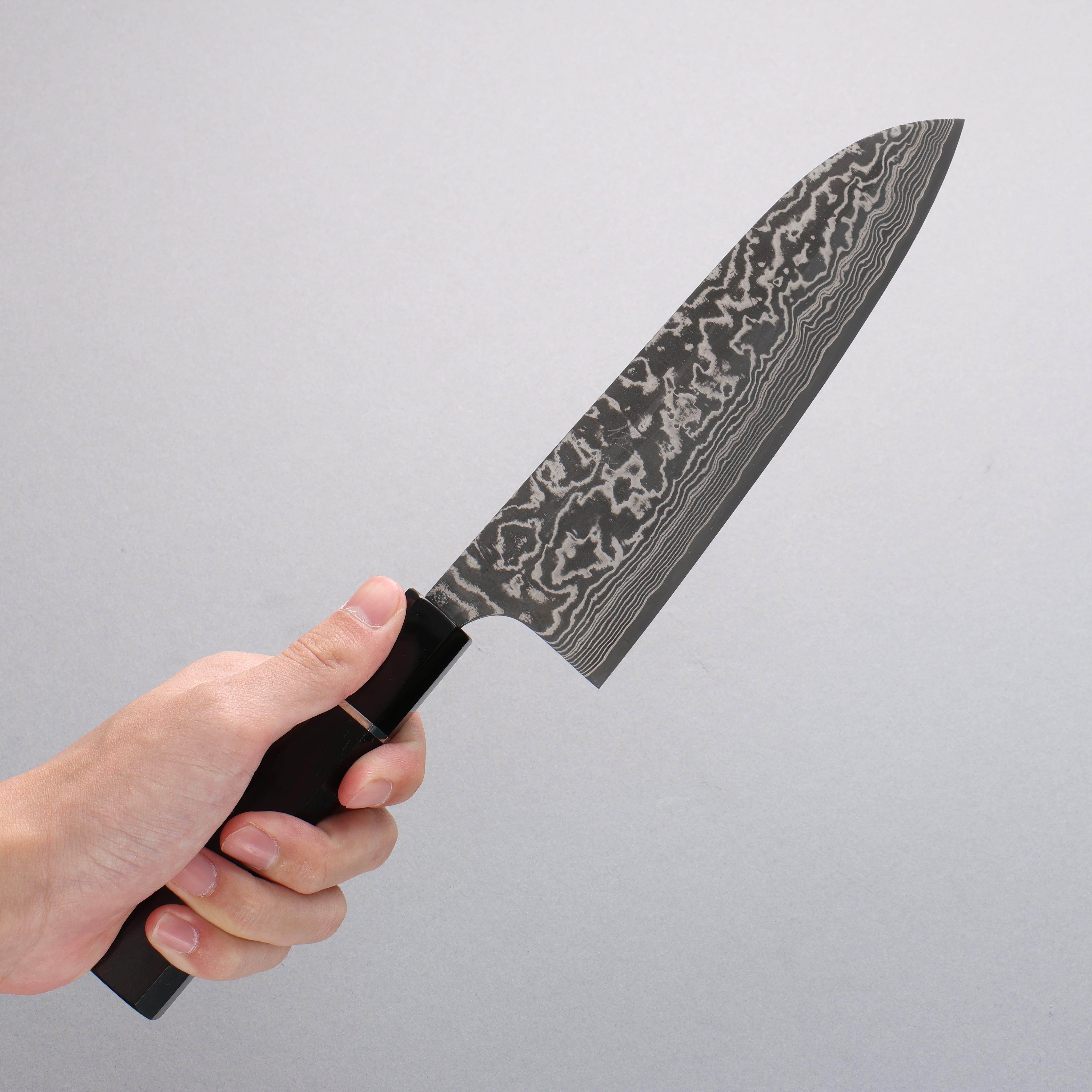 Takeshi Saji SG2 Black Damascus Santoku 180mm Ebony Wood (with Silver Ring) Handle - Seisuke Knife