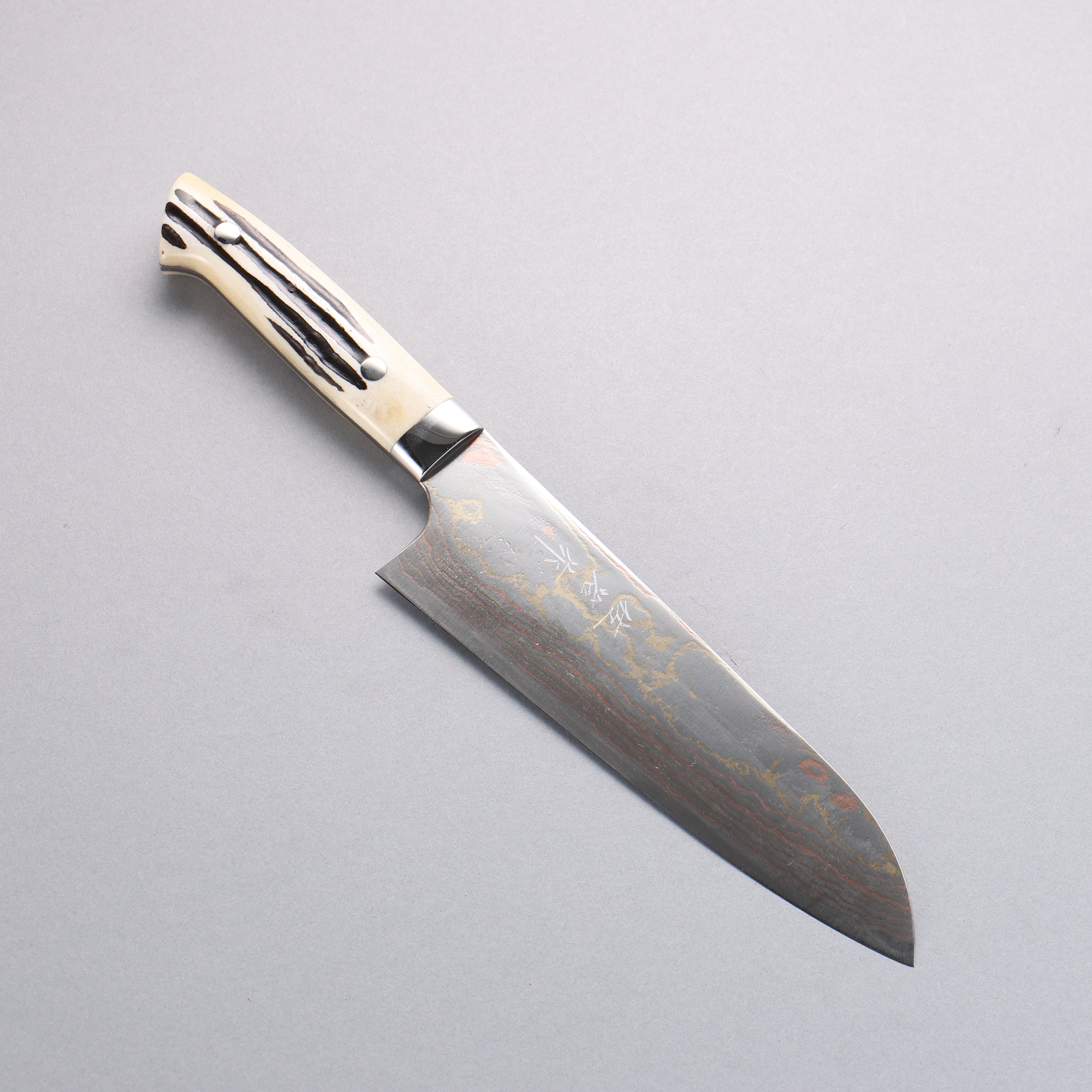 Takeshi Saji Blue Steel No.2 Colored Damascus Santoku 180mm White Deer Horn Handle - Seisuke Knife