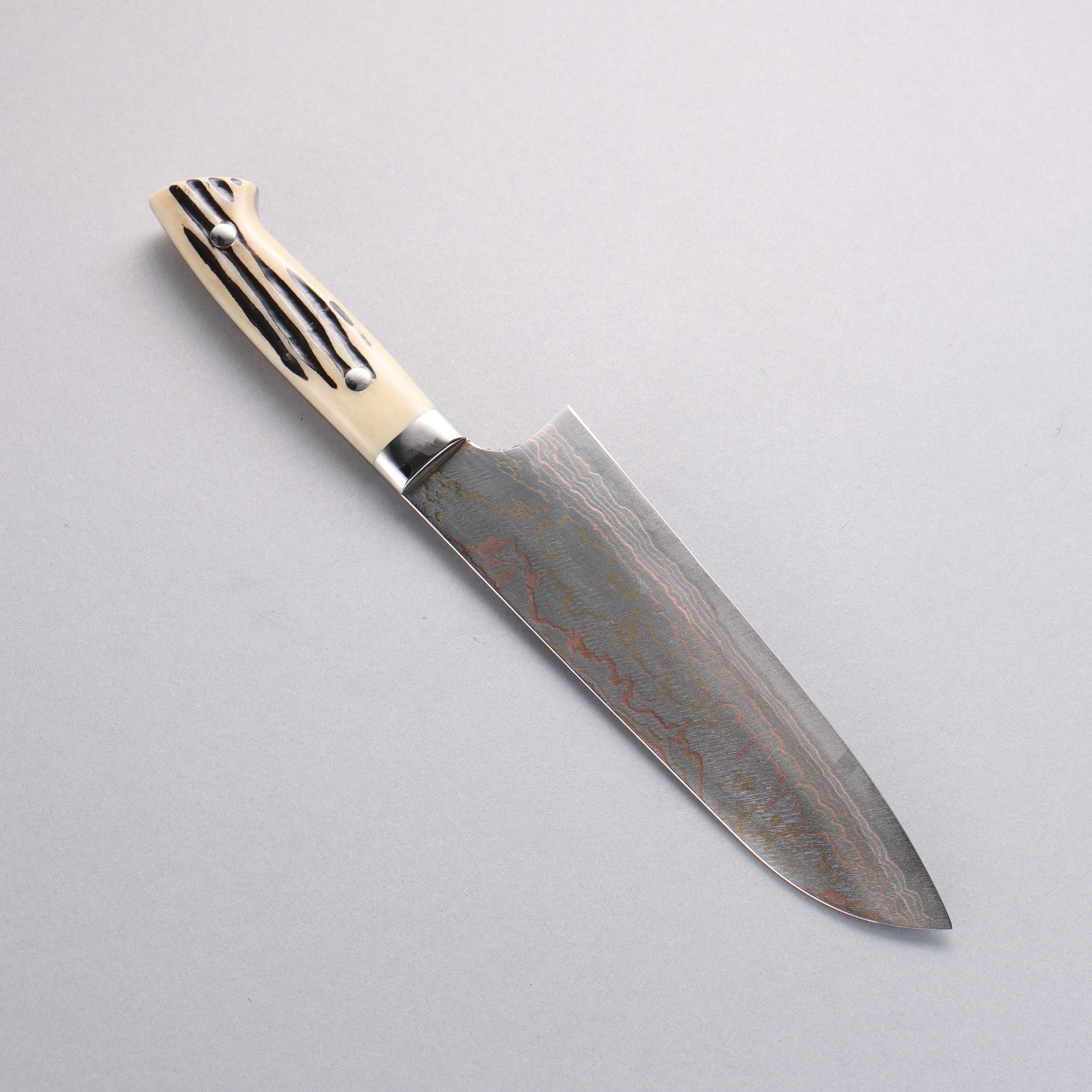 Takeshi Saji Blue Steel No.2 Colored Damascus Santoku 180mm White Deer Horn Handle - Seisuke Knife
