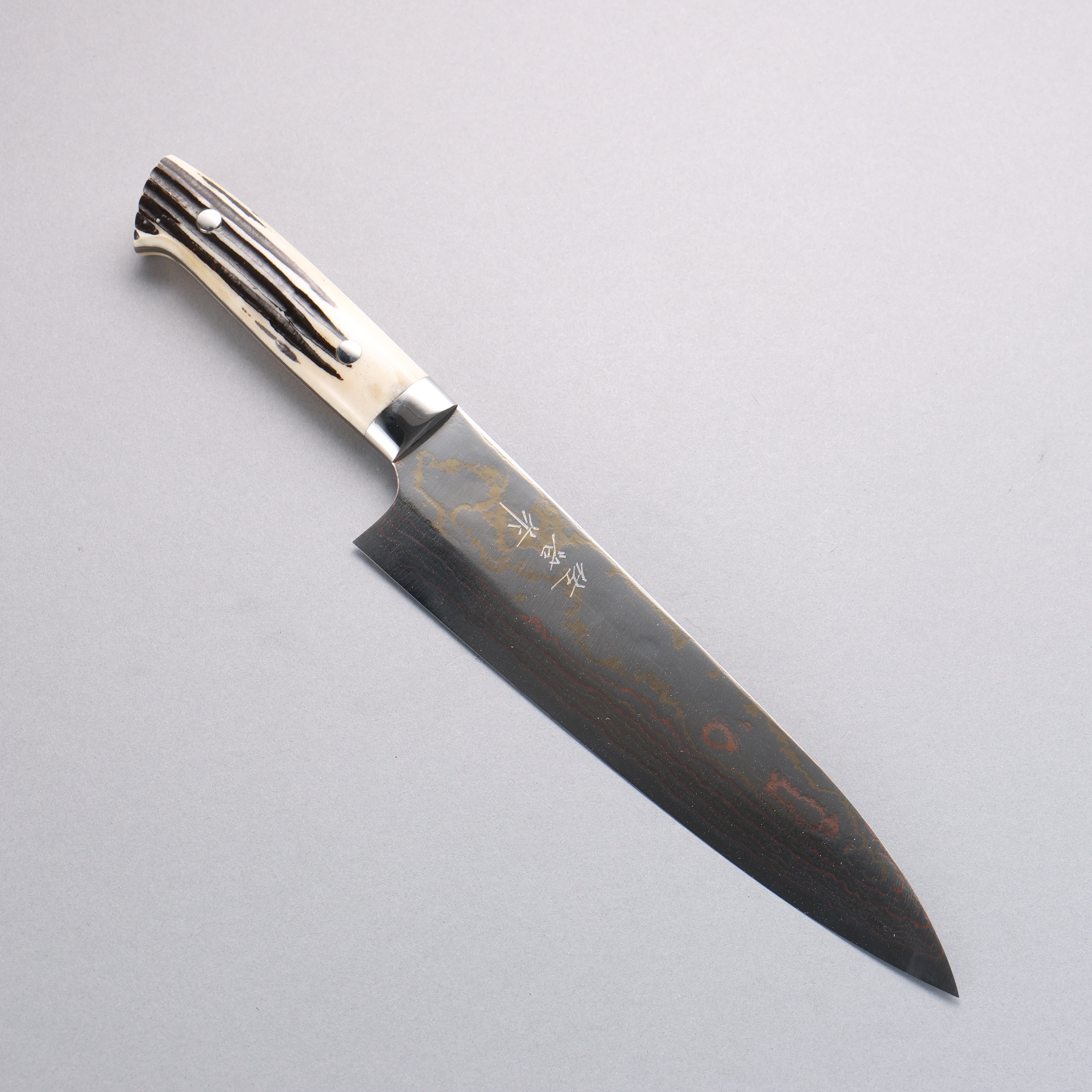 Takeshi Saji Blue Steel No.2 Colored Damascus Gyuto 210mm White Deer Horn Handle - Seisuke Knife