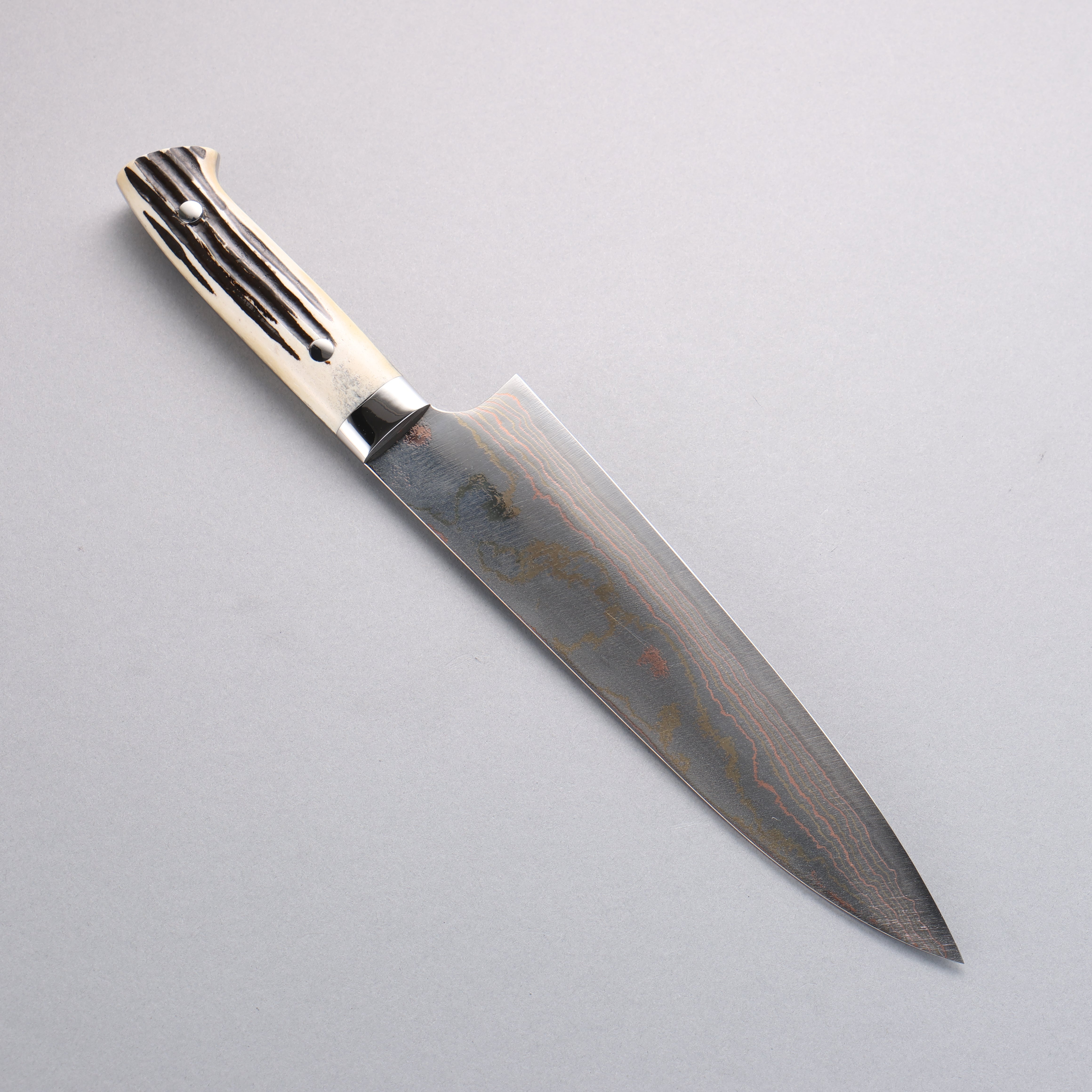 Takeshi Saji Blue Steel No.2 Colored Damascus Gyuto 210mm White Deer Horn Handle - Seisuke Knife
