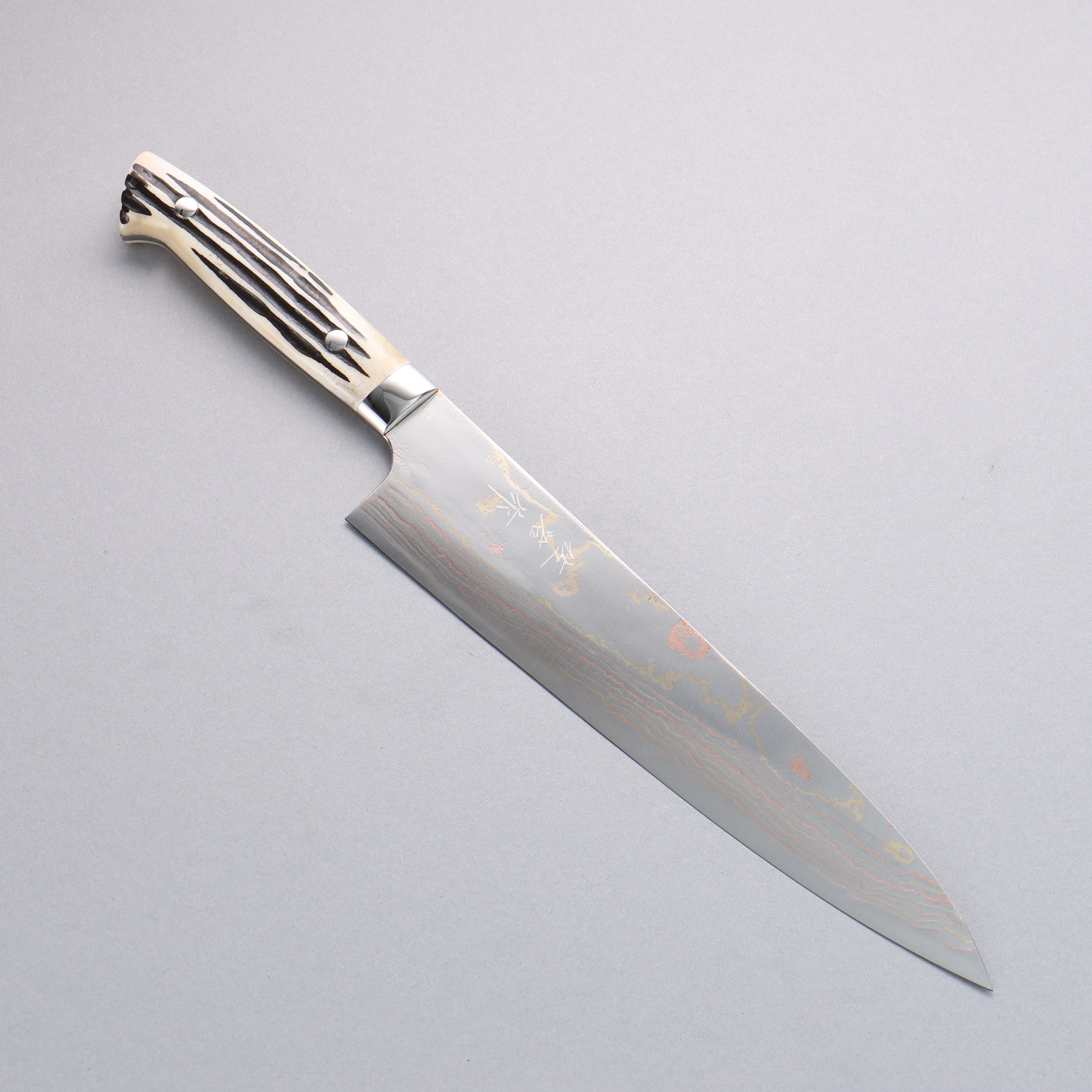 Takeshi Saji Blue Steel No.2 Colored Damascus Gyuto 240mm White Deer Horn Handle - Seisuke Knife