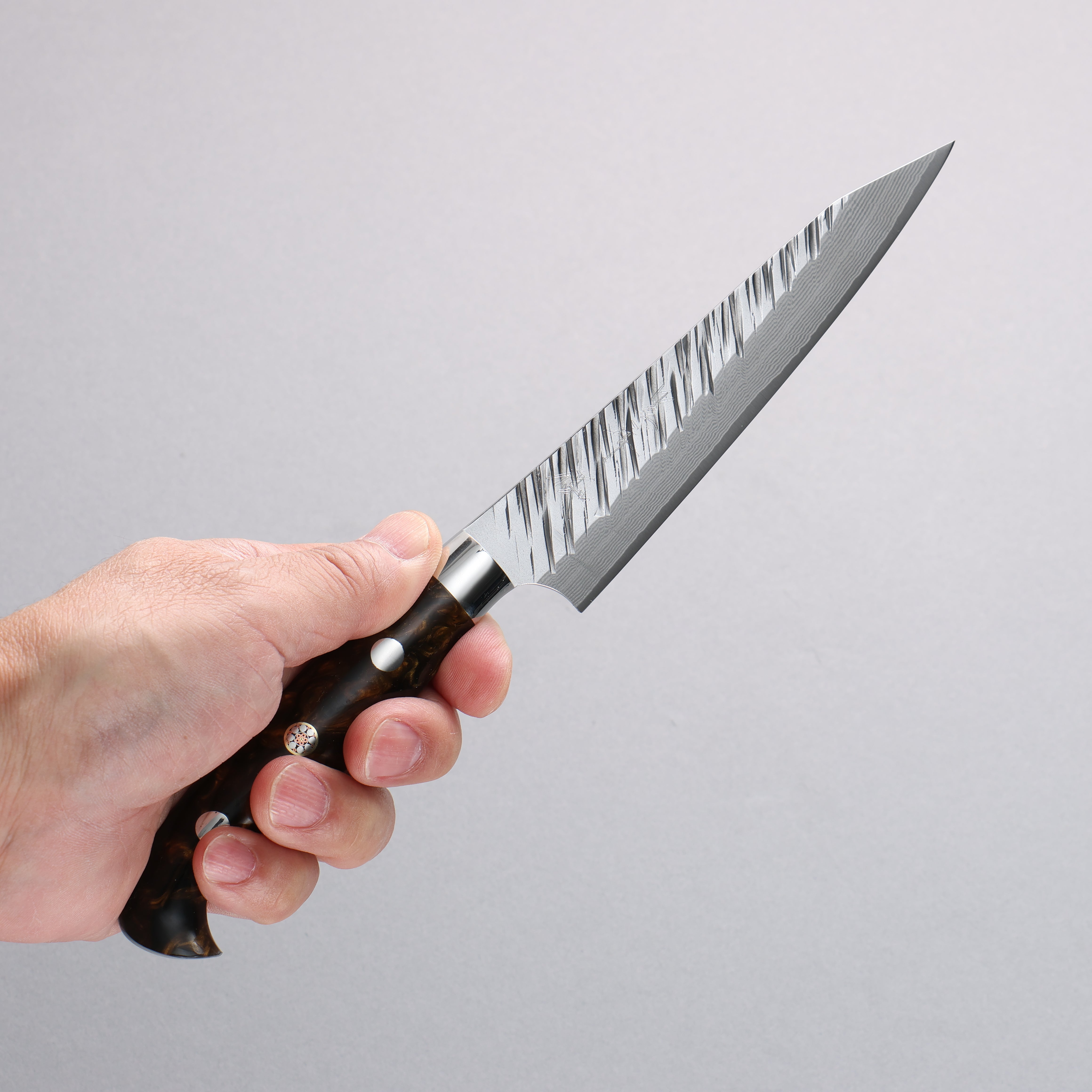 Yu Kurosaki Fujin SG2 Hammered Damascus Kiritsuke Petty-Utility 130mm Brown Black Acrylic Handle - Seisuke Knife