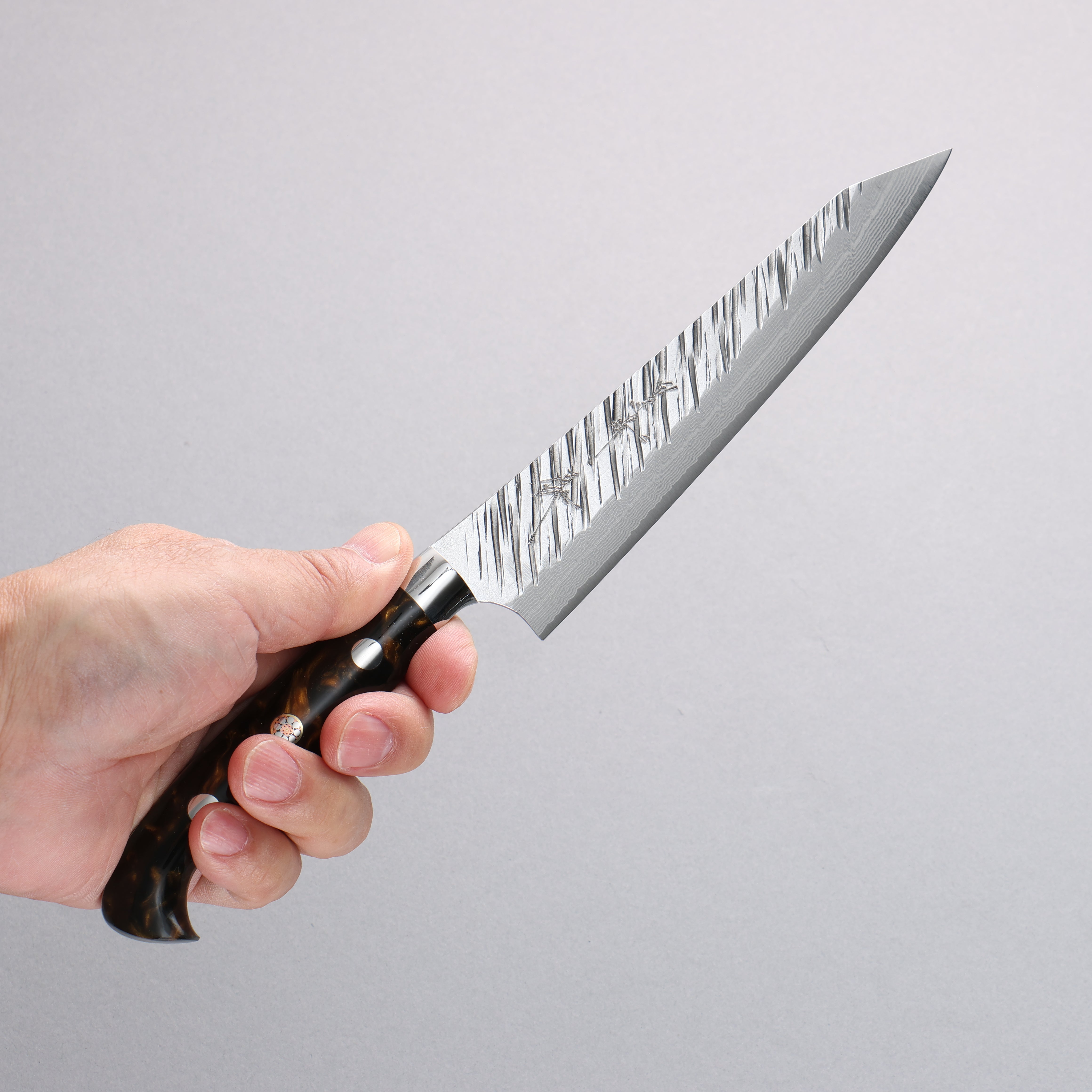 Yu Kurosaki Fujin SG2 Hammered Damascus Kiritsuke Petty-Utility 150mm Brown Black Acrylic Handle - Seisuke Knife