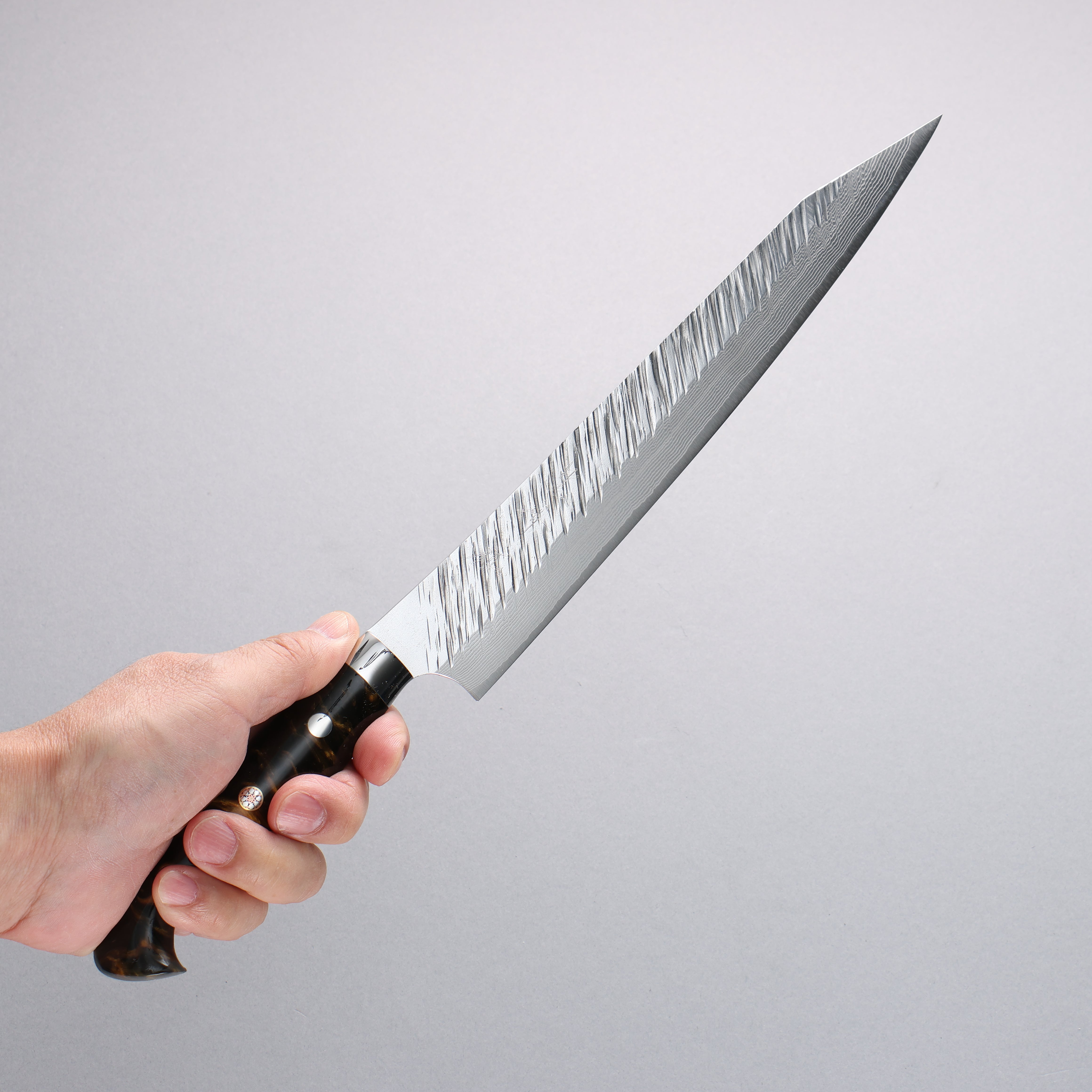 Yu Kurosaki Fujin SG2 Hammered Damascus Kiritsuke Sujihiki 240mm Brown Black Acrylic Handle - Seisuke Knife
