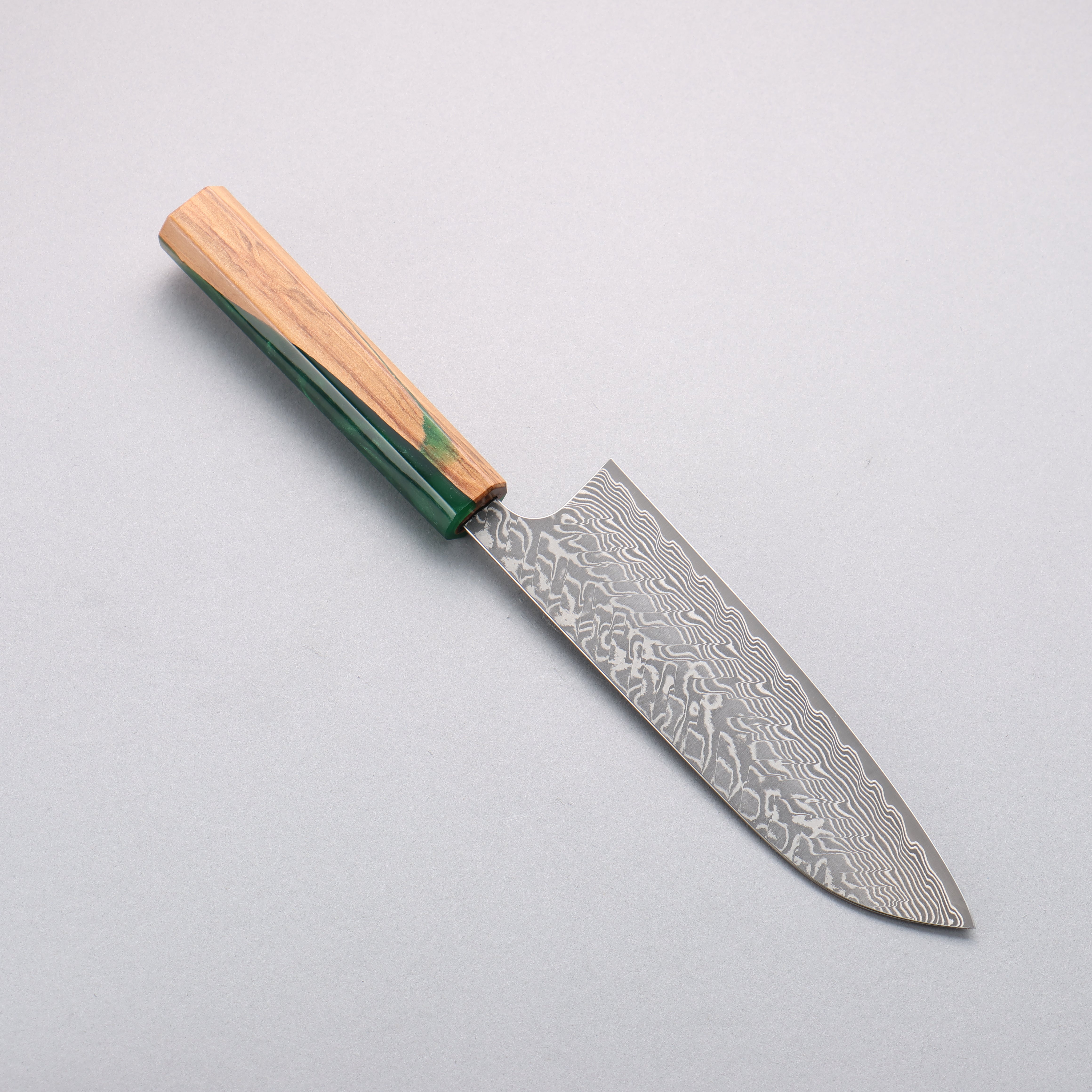 Yoshimi Kato SG2 Black Damascus Santoku 170mm Olive Tree and Green Resin Handle - Seisuke Knife