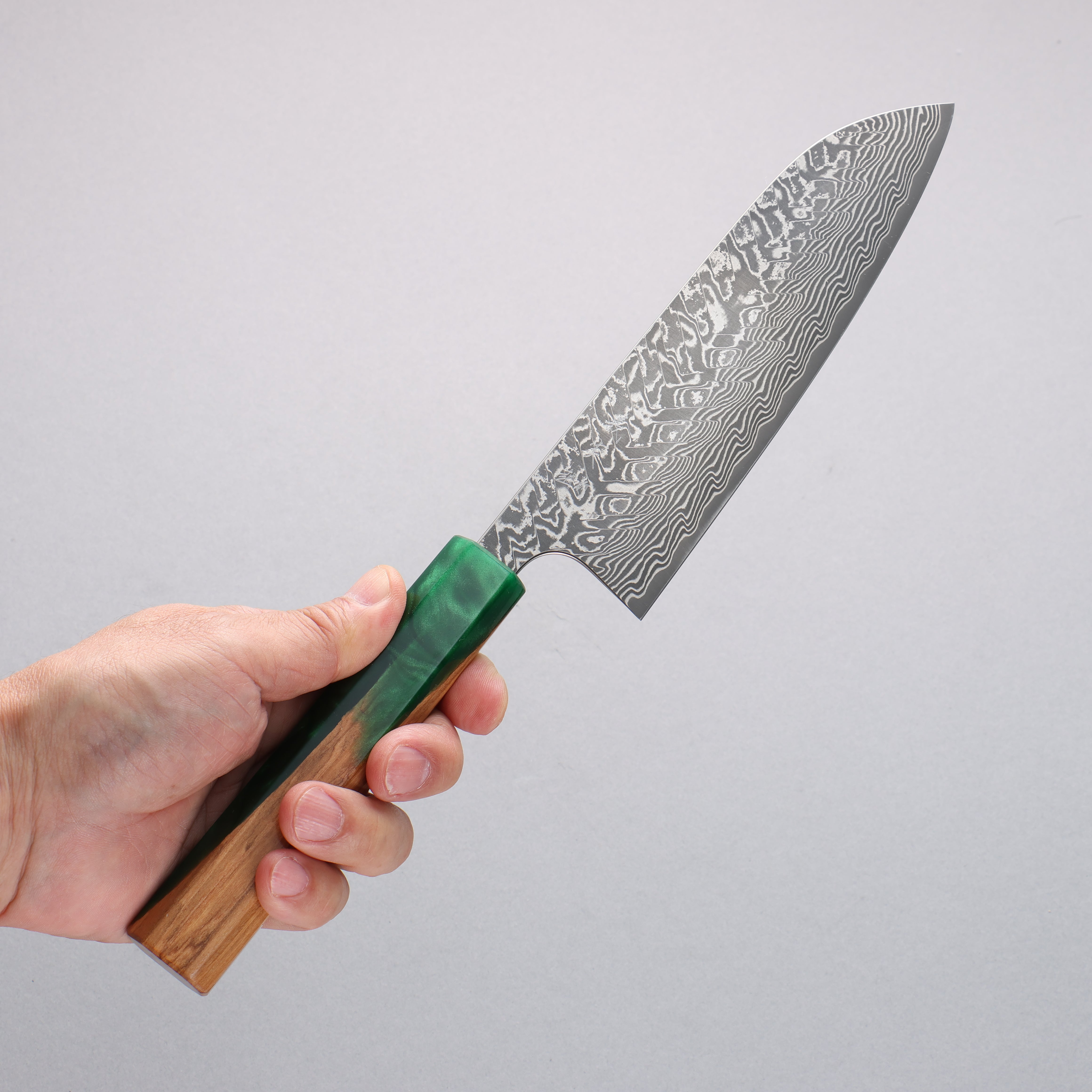 Yoshimi Kato SG2 Black Damascus Santoku 170mm Olive Tree and Green Resin Handle - Seisuke Knife