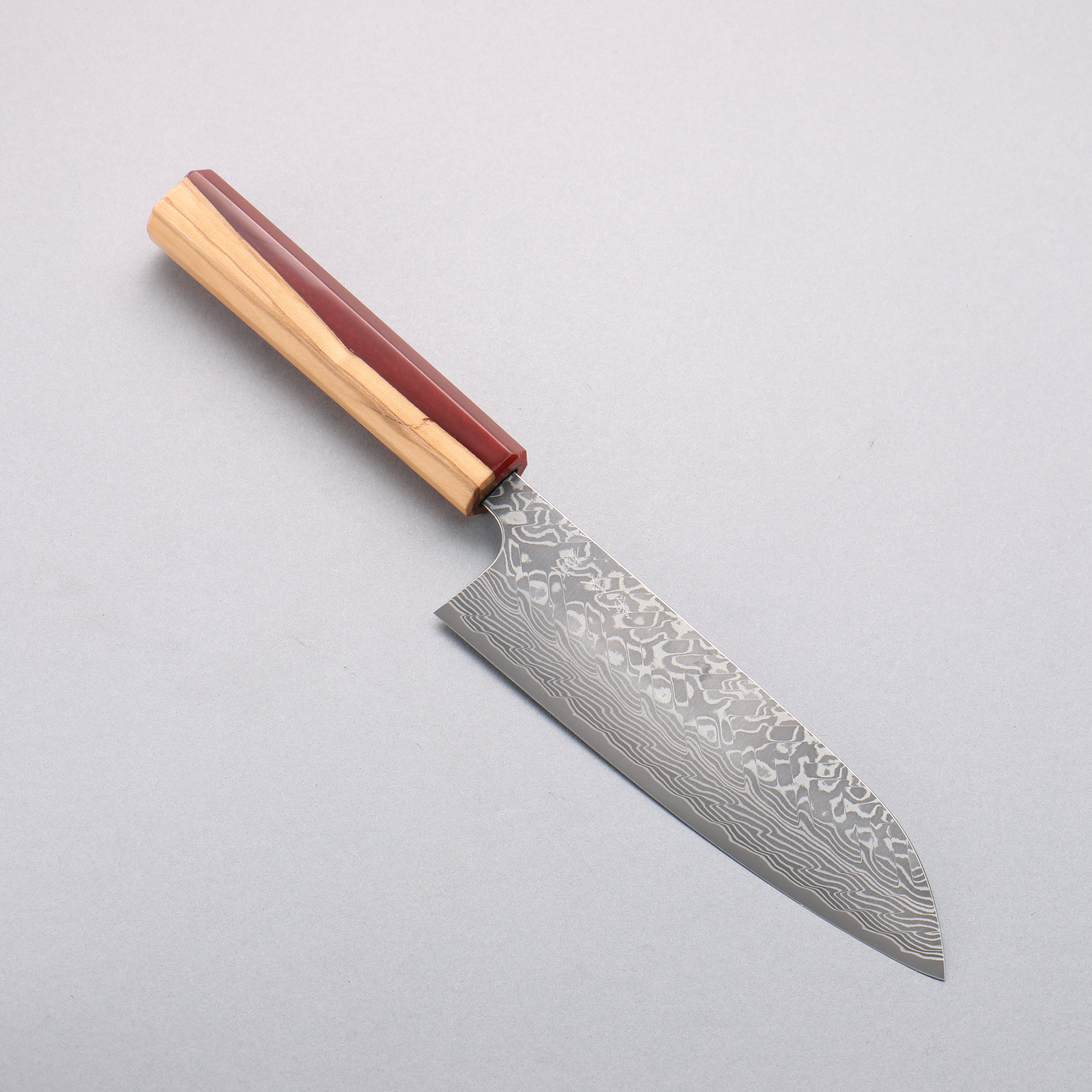 Yoshimi Kato SG2 Black Damascus Santoku 170mm Olive Tree and Red Resin Handle - Seisuke Knife