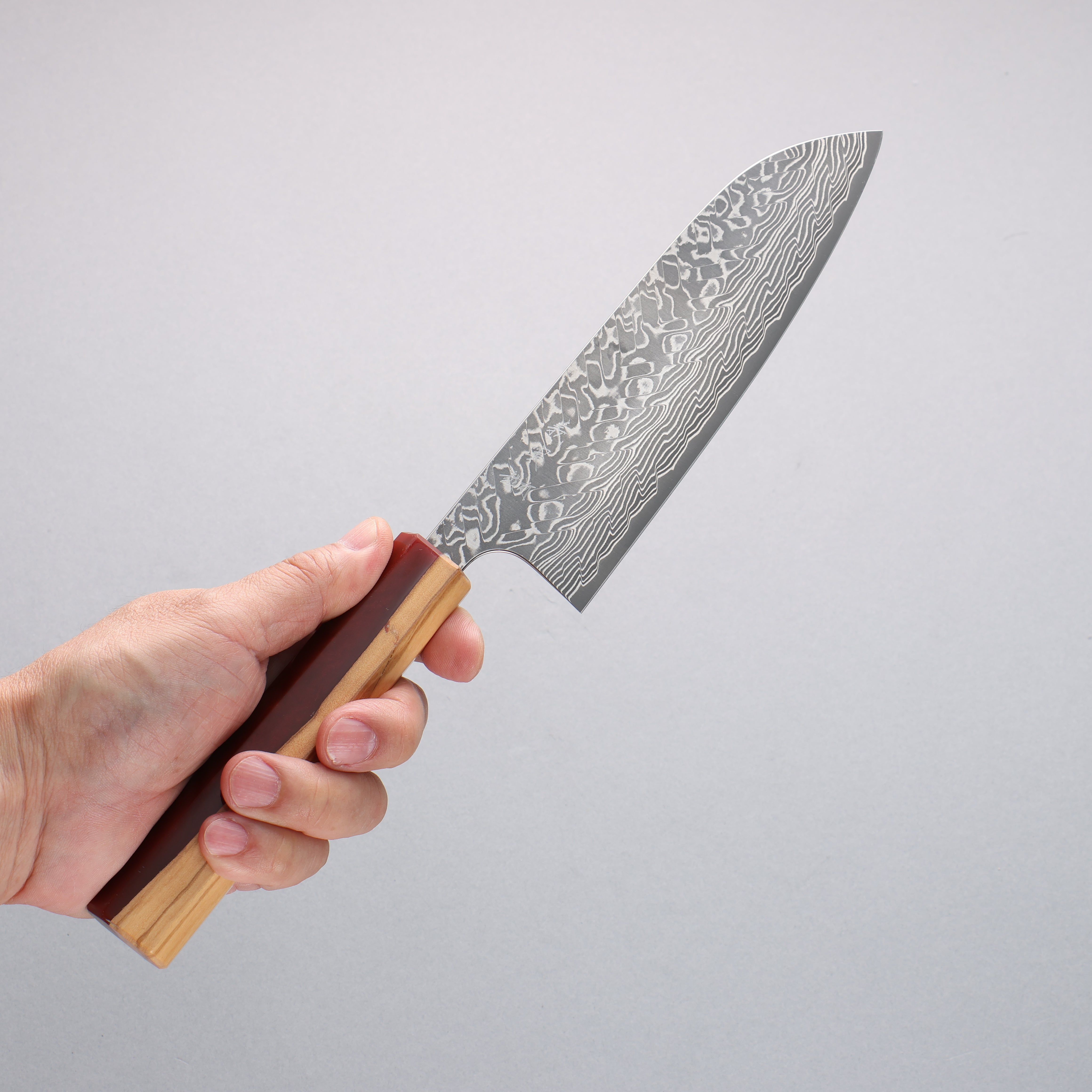 Yoshimi Kato SG2 Black Damascus Santoku 170mm Olive Tree and Red Resin Handle - Seisuke Knife