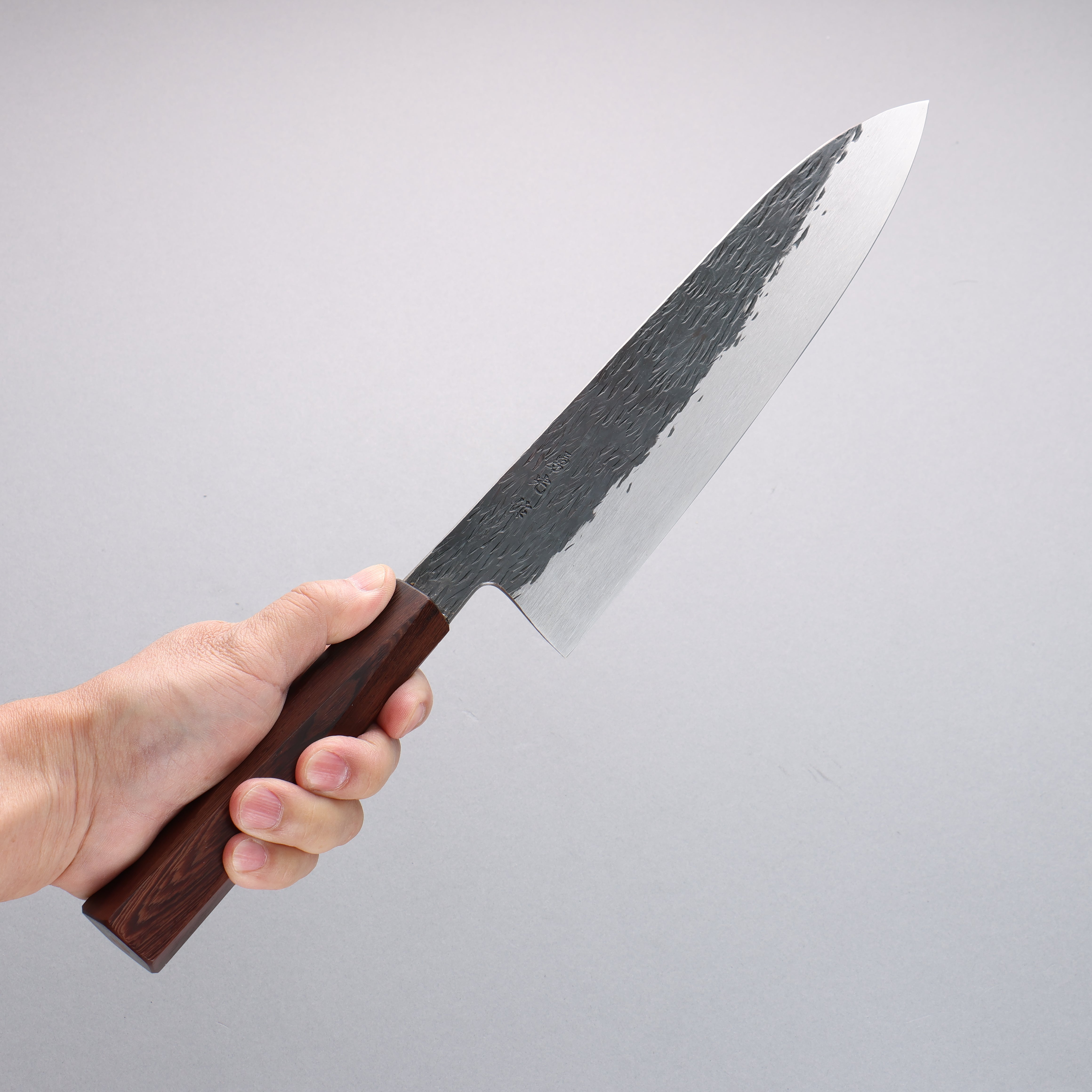 Isamitsu Abe Blue Super Hammered Black Finished Gyuto 240mm Pentagonal Purple Bombay Black Wood Handle - Seisuke Knife