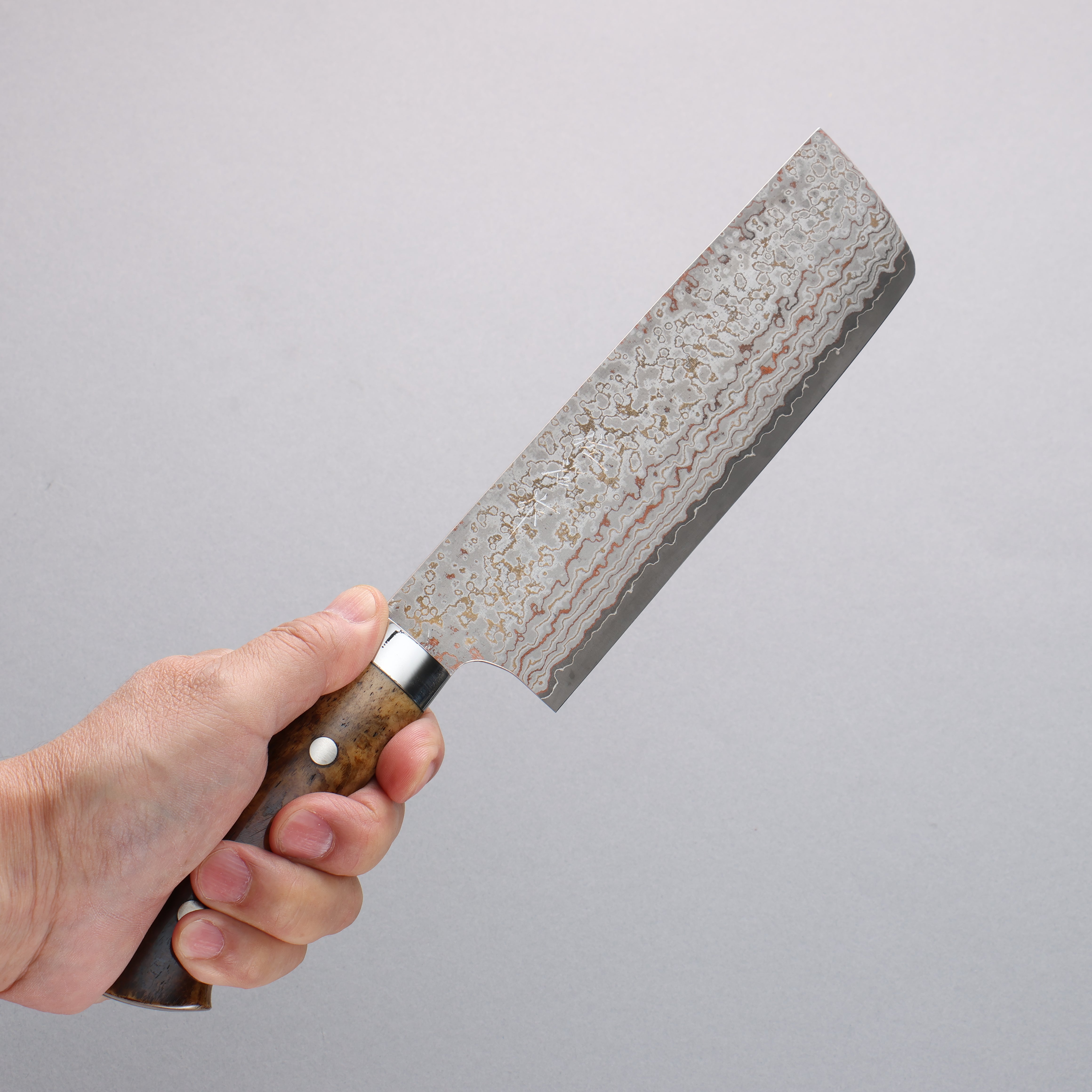 Takeshi Saji VG10w Colored Damascus Nashiji Nakiri 165mm Brown Cow Bone Handle - Seisuke Knife