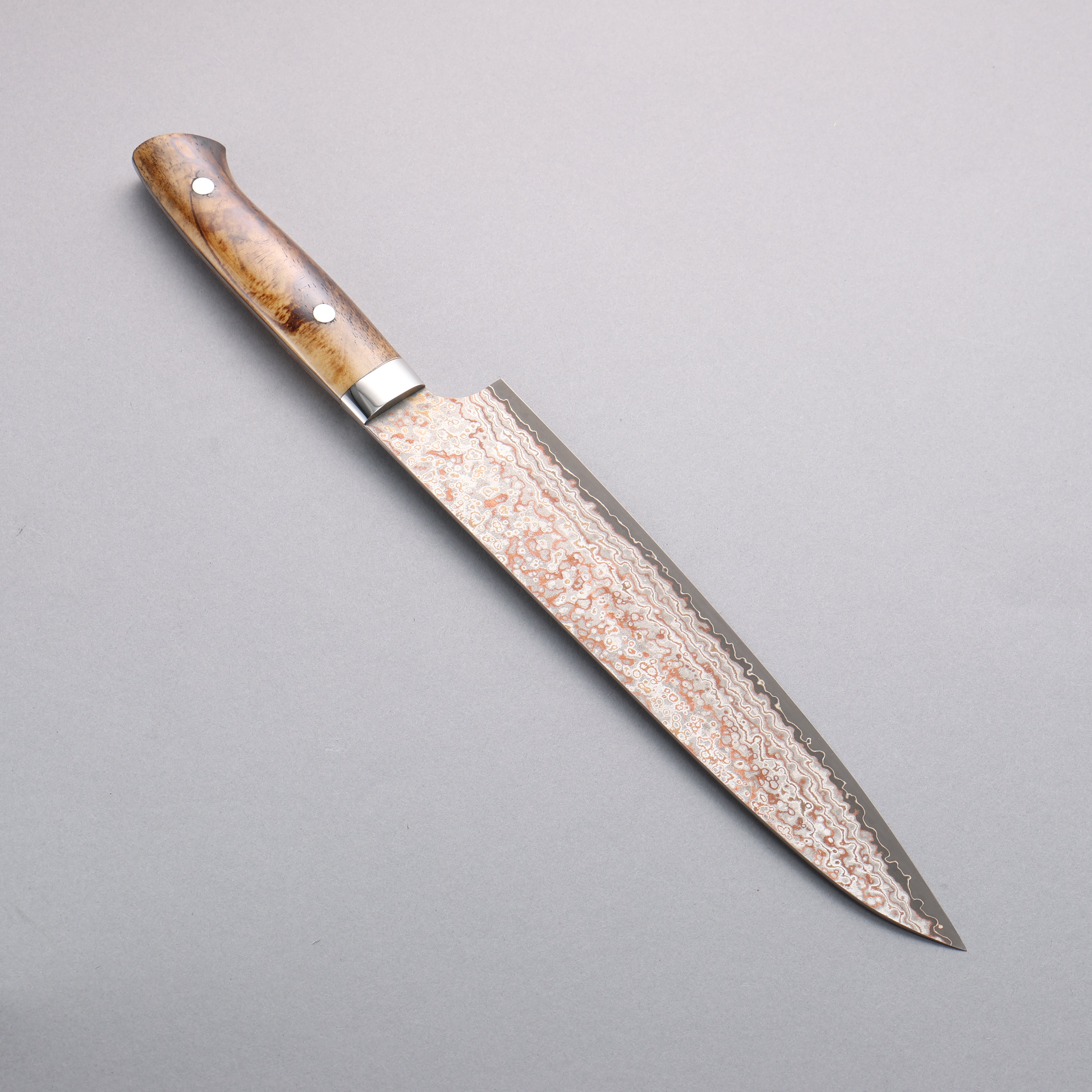 Takeshi Saji VG10w Colored Damascus Nashiji Gyuto 240mm Brown Cow Bone Handle - Seisuke Knife