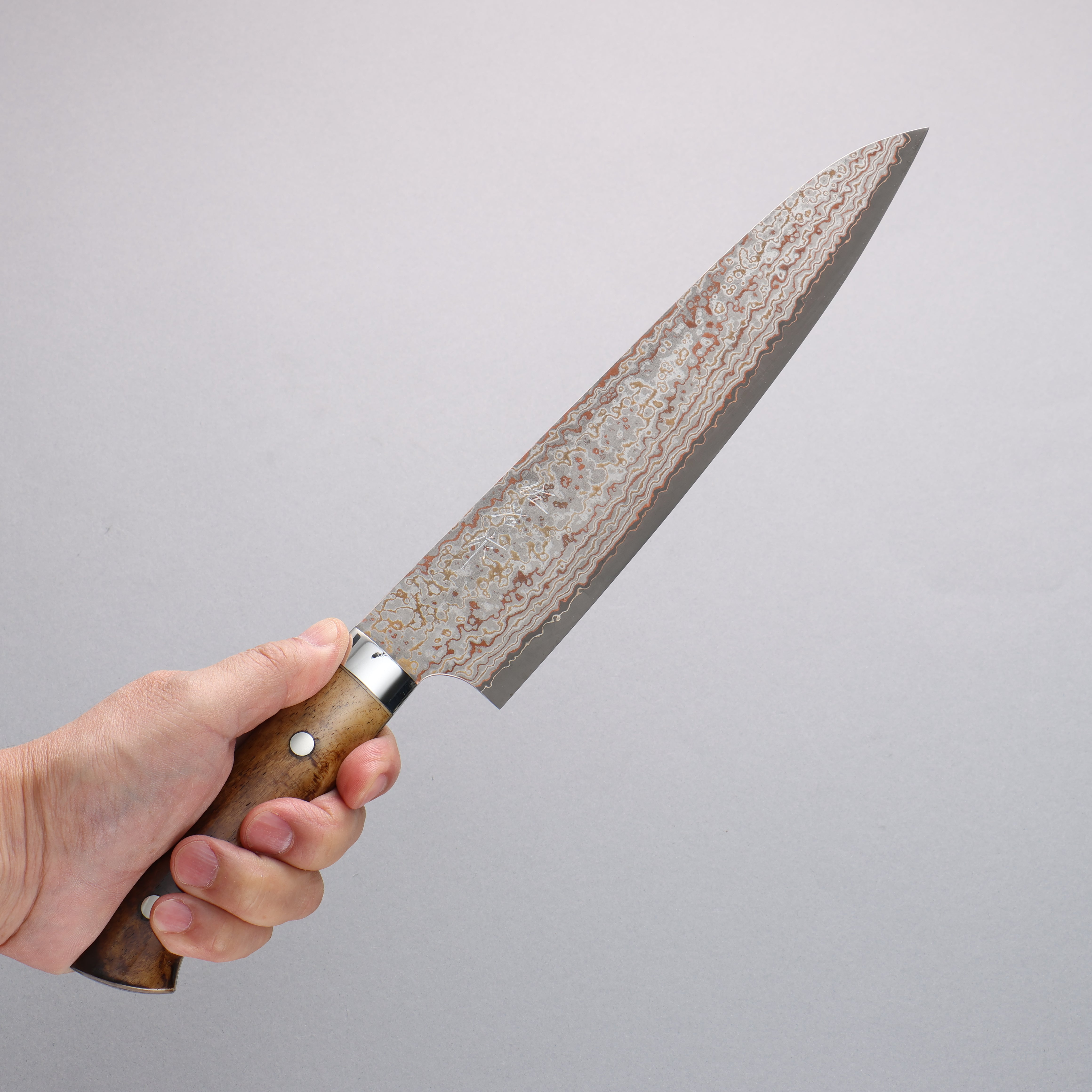 Takeshi Saji VG10w Colored Damascus Nashiji Gyuto 240mm Brown Cow Bone Handle - Seisuke Knife