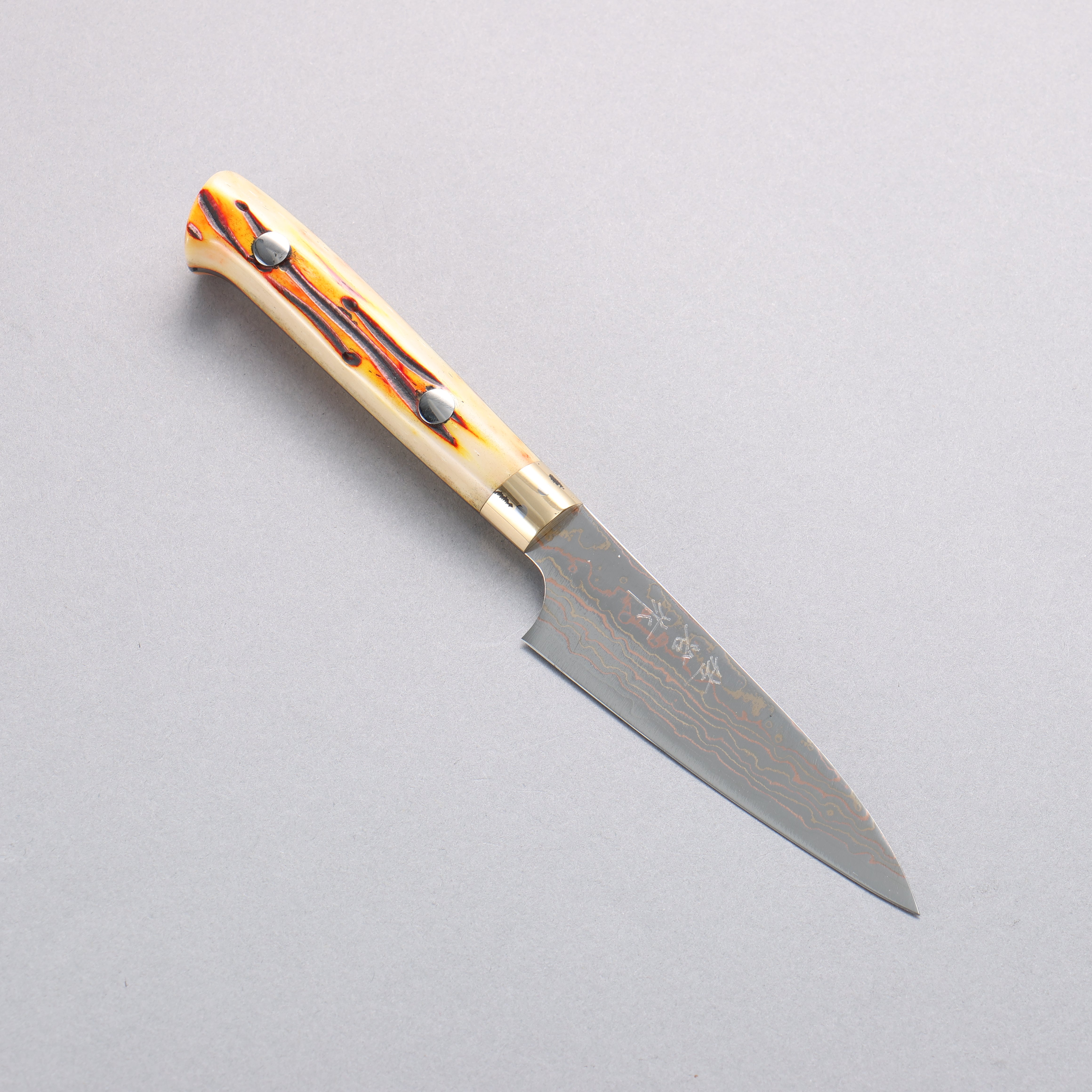 Takeshi Saji VG10w Colored Damascus Paring 90mm Orange Cow Bone Handle - Seisuke Knife
