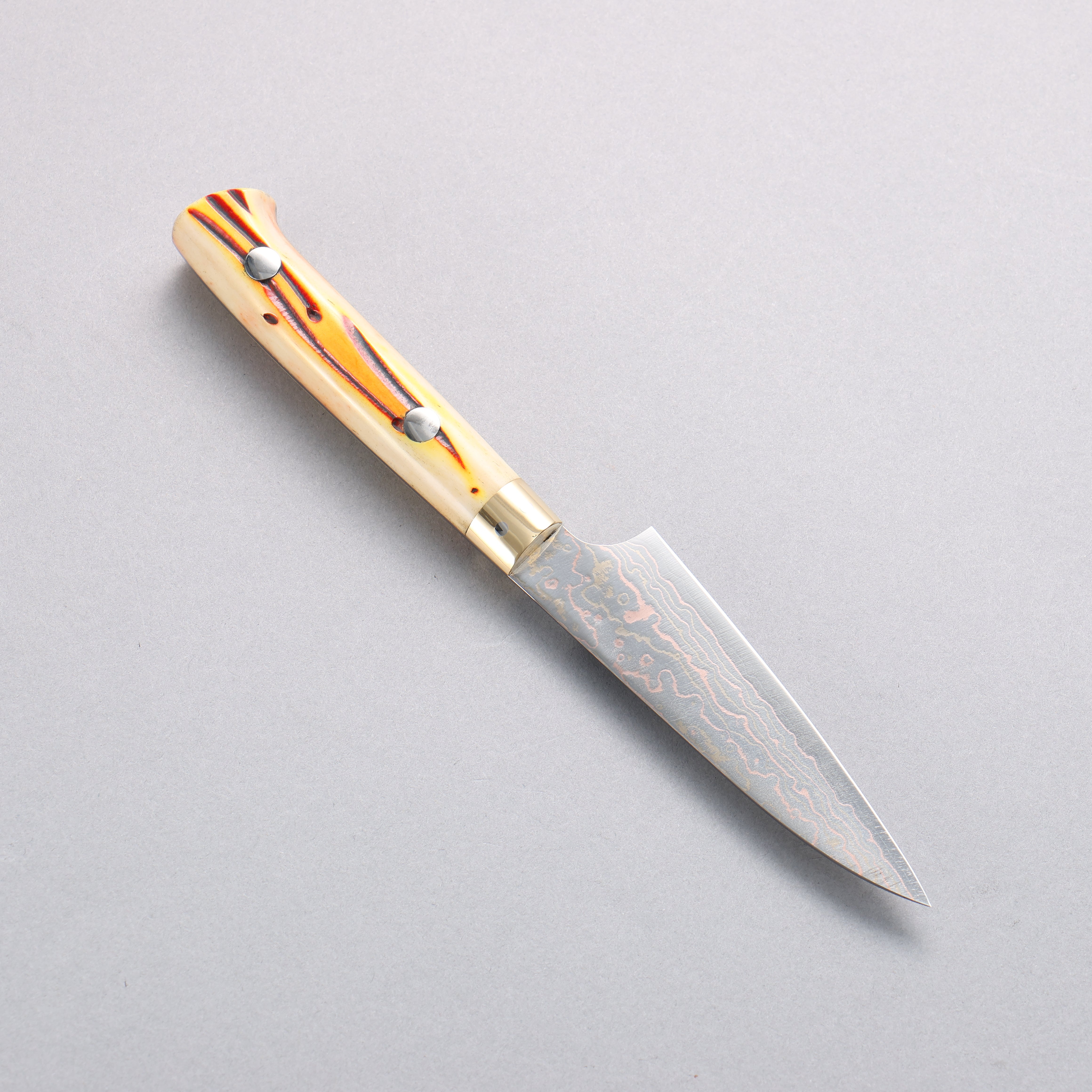 Takeshi Saji VG10w Colored Damascus Paring 90mm Orange Cow Bone Handle - Seisuke Knife