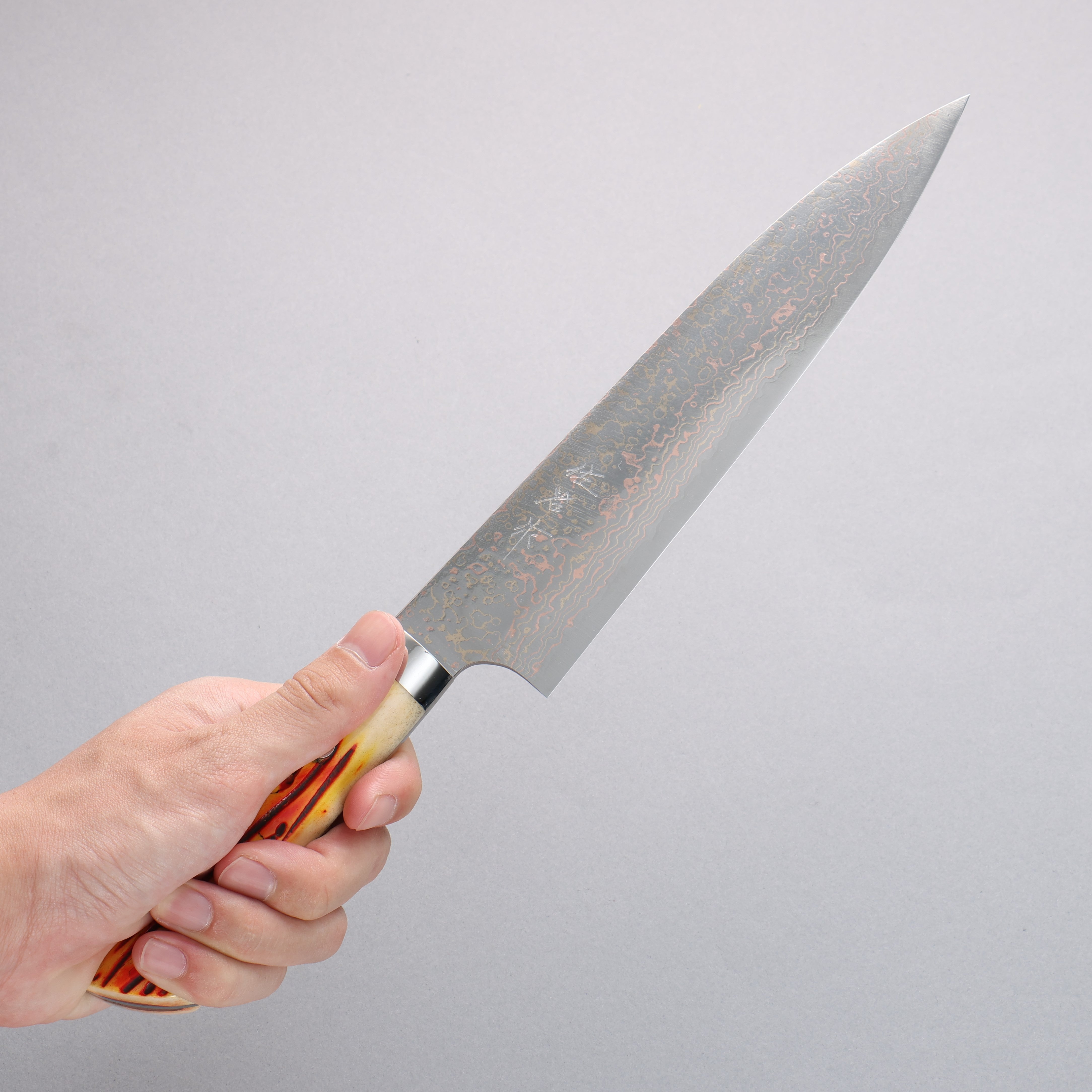 Takeshi Saji VG10w Colored Damascus Gyuto 210mm Orange Cow Bone Handle - Seisuke Knife