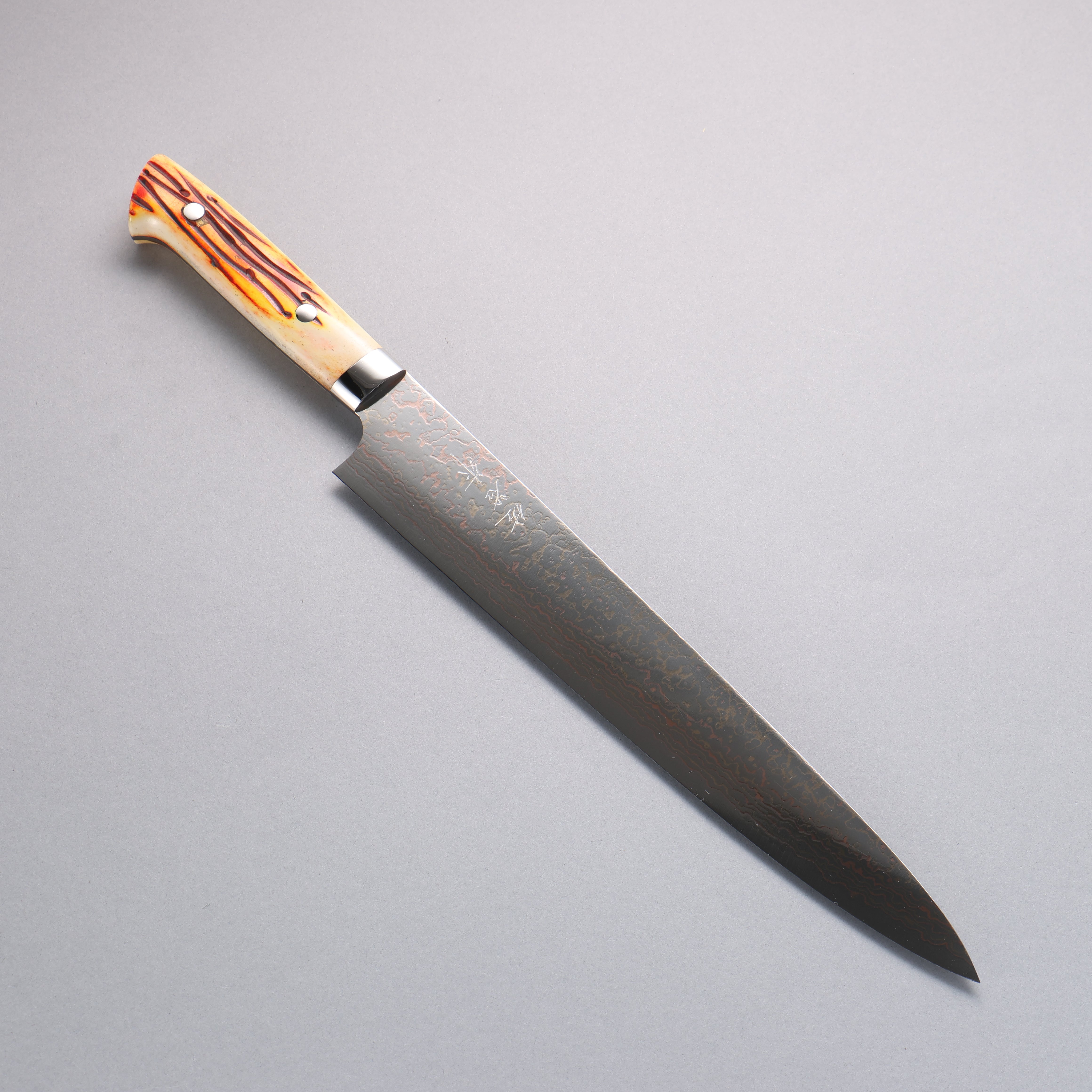 Takeshi Saji VG10w Colored Damascus Sujihiki 270mm Orange Cow Bone Handle - Seisuke Knife