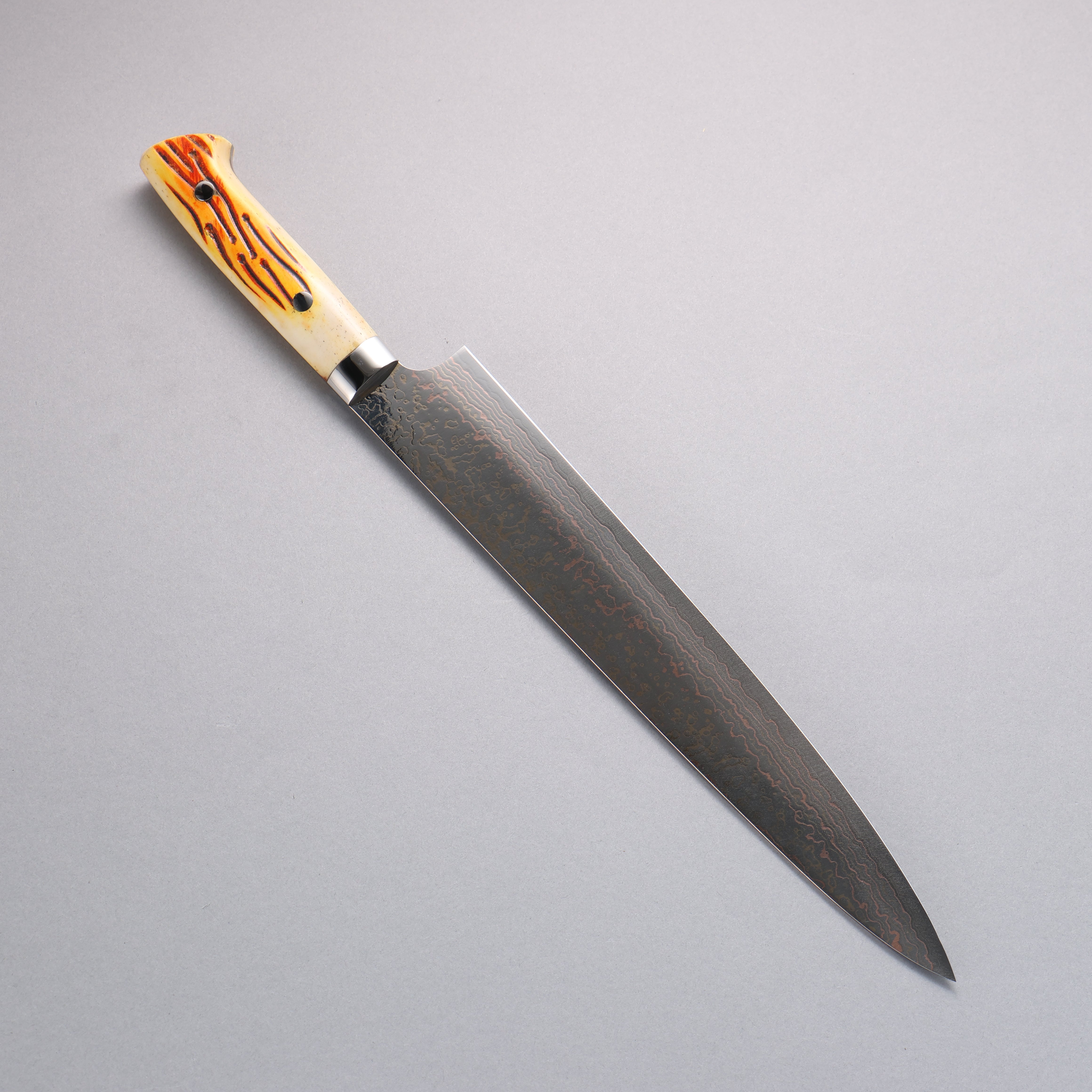 Takeshi Saji VG10w Colored Damascus Sujihiki 270mm Orange Cow Bone Handle - Seisuke Knife