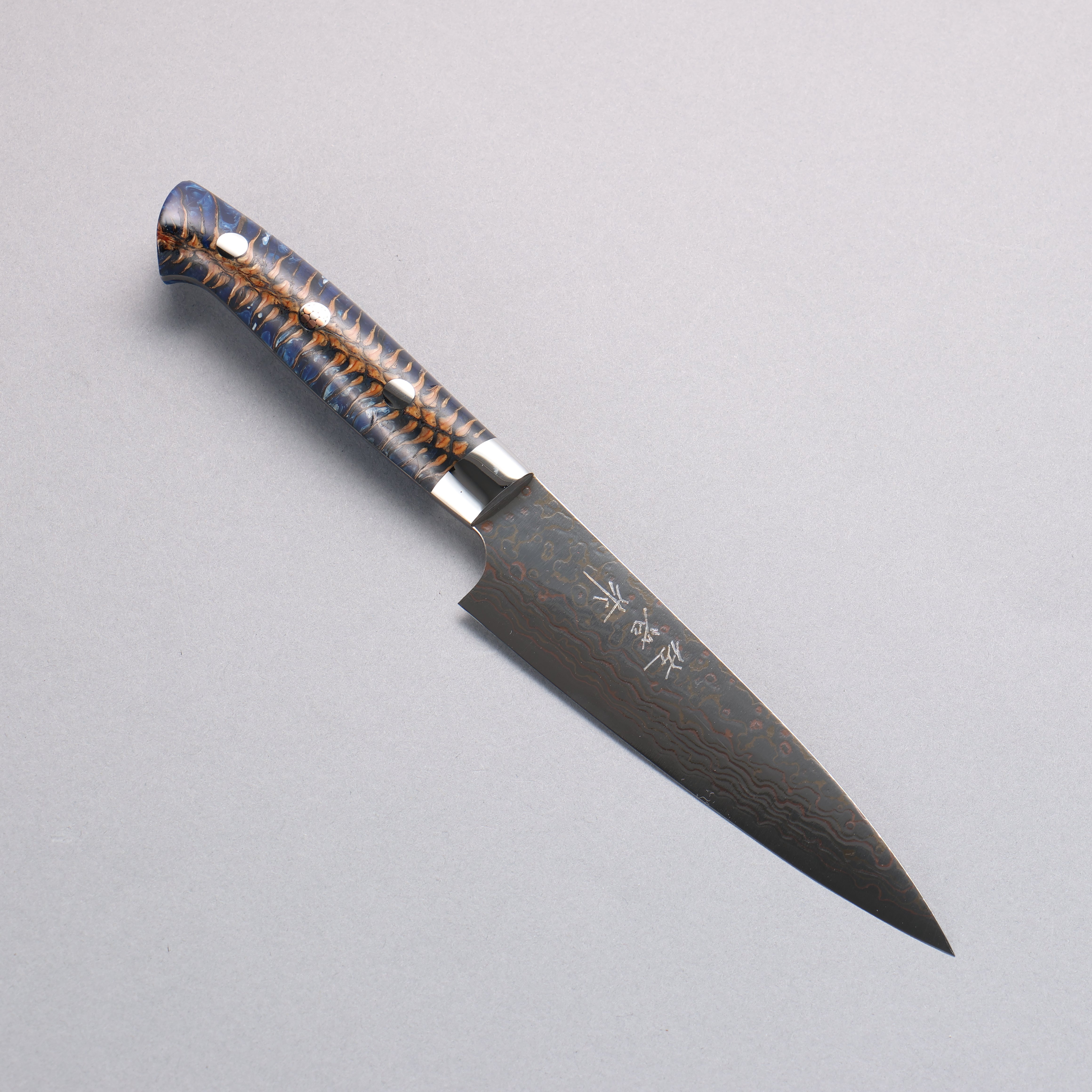Takeshi Saji VG10w Colored Damascus Petty-Utility 130mm Pine Cone and Blue Acrylic Handle - Seisuke Knife