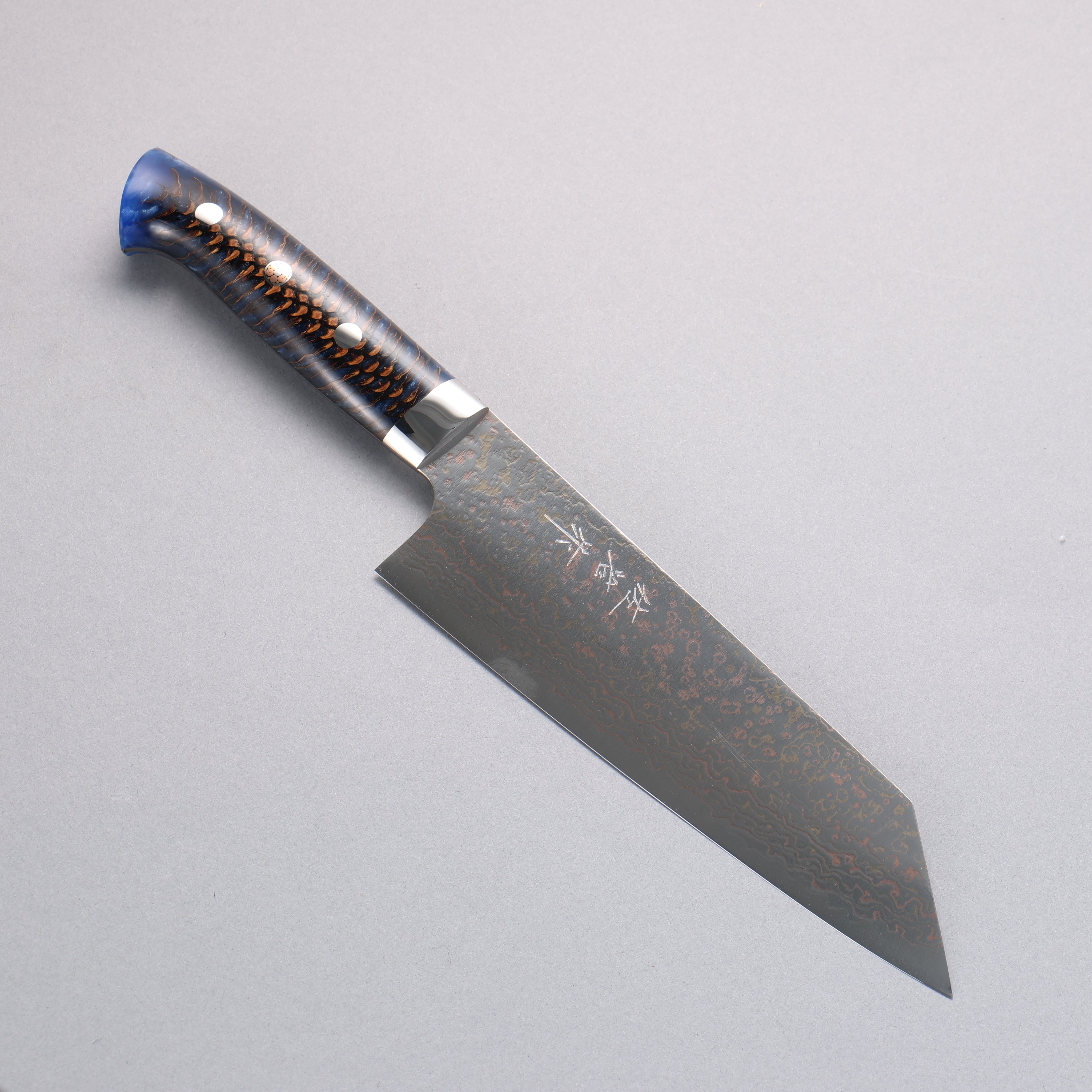Takeshi Saji VG10w Colored Damascus Bunka 180mm Pine Cone and Blue Acrylic Handle - Seisuke Knife