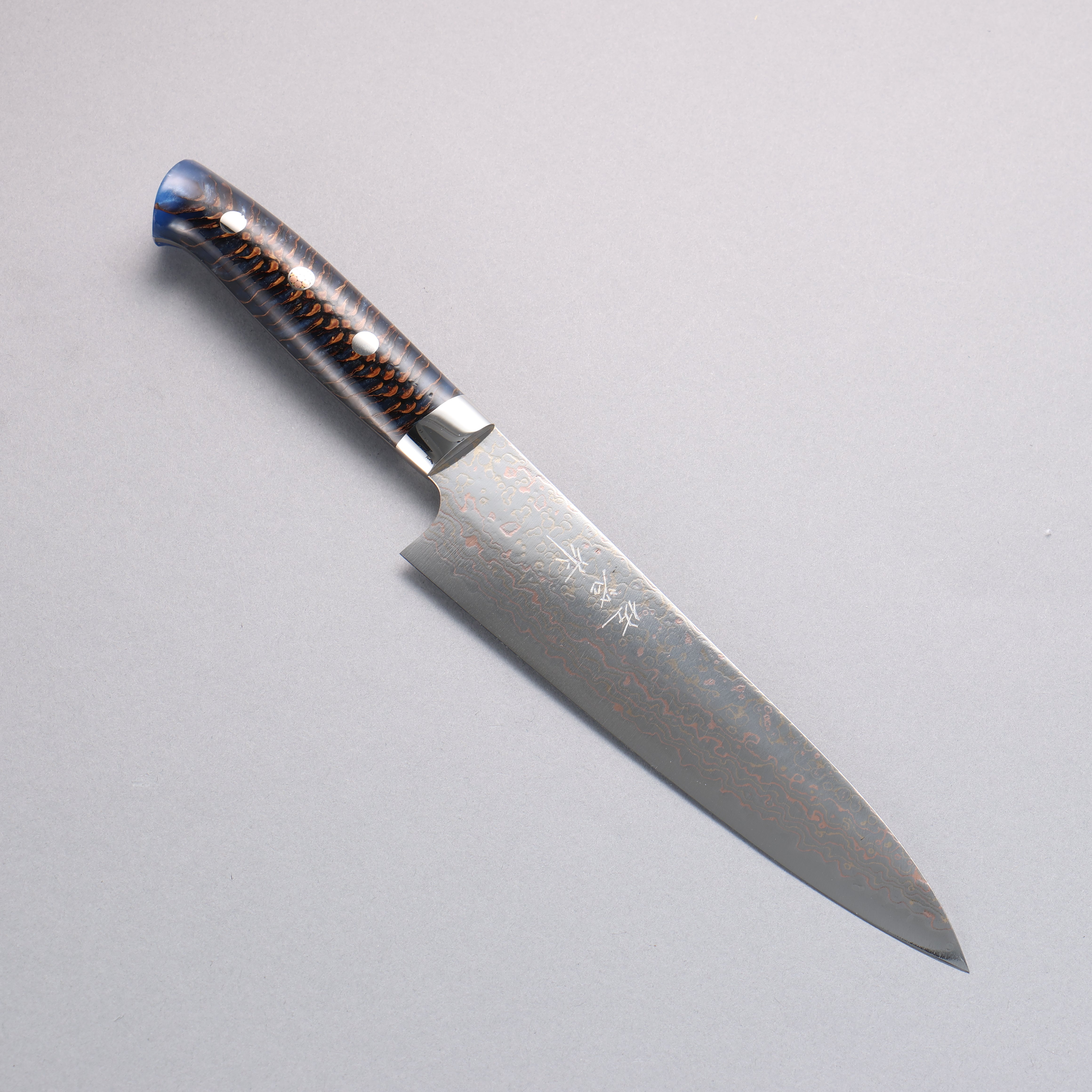 Takeshi Saji VG10w Colored Damascus Gyuto 180mm Pine Cone and Blue Acrylic Handle - Seisuke Knife