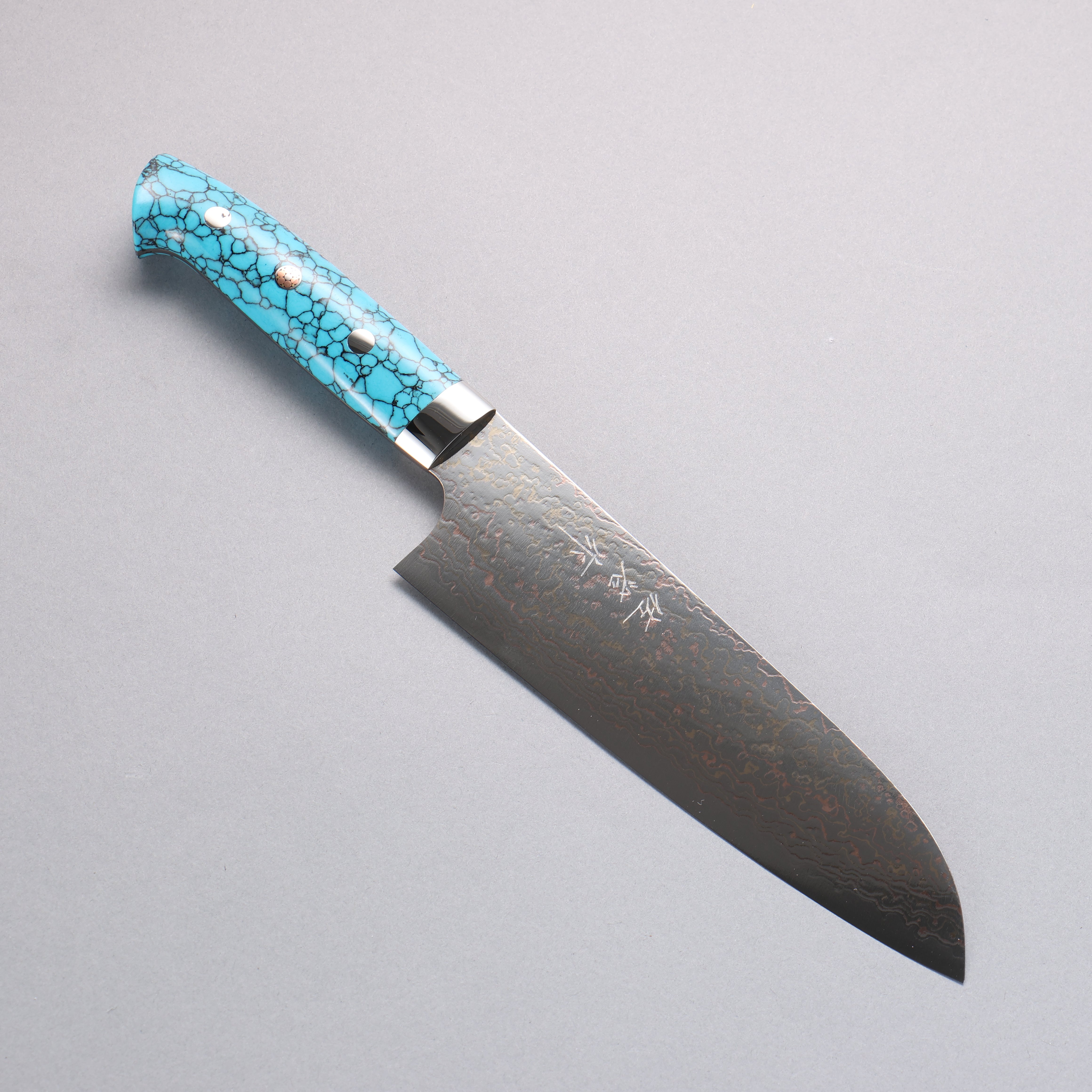 Takeshi Saji VG10w Colored Damascus Santoku 180mm Blue Turquoise Handle - Seisuke Knife