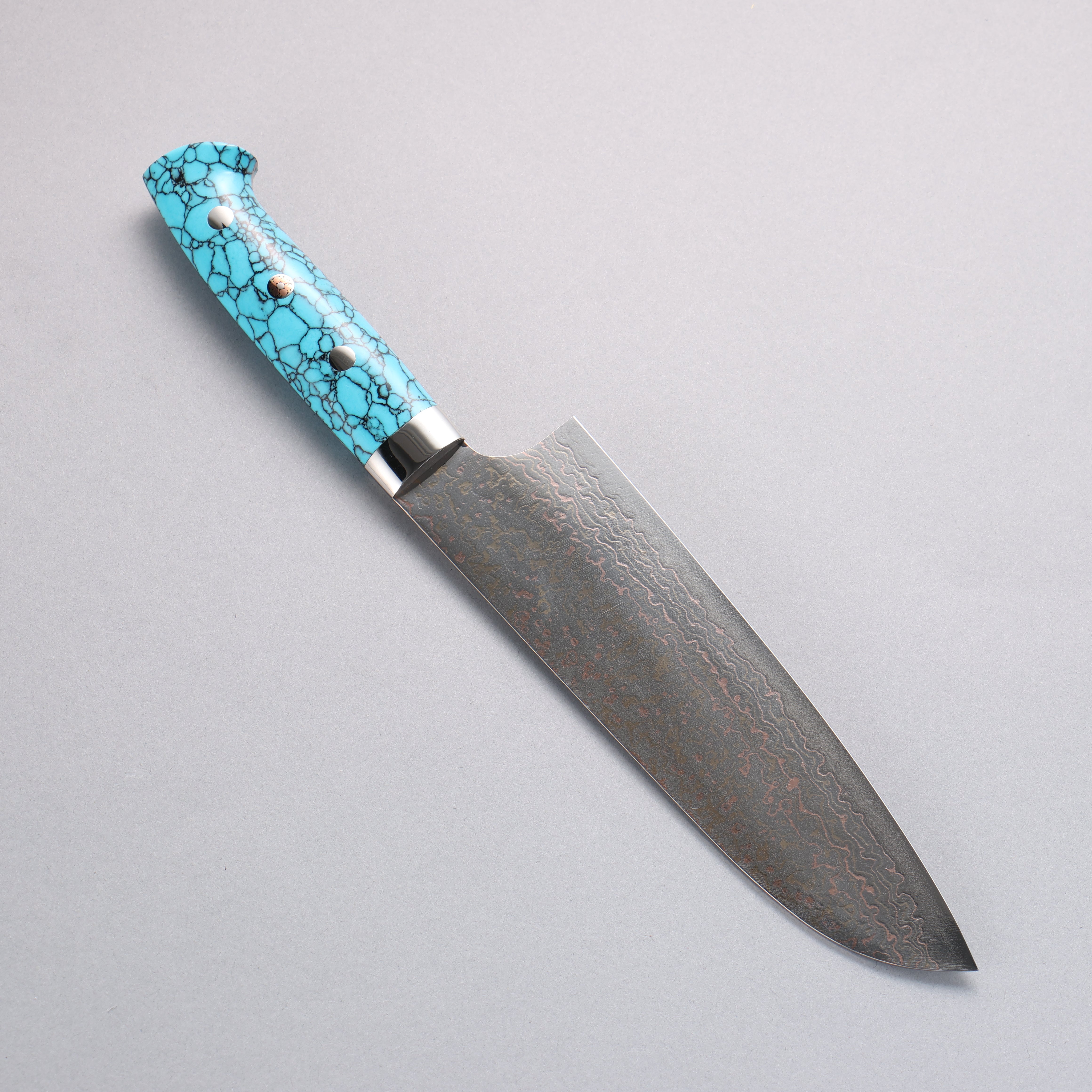 Takeshi Saji VG10w Colored Damascus Santoku 180mm Blue Turquoise Handle - Seisuke Knife