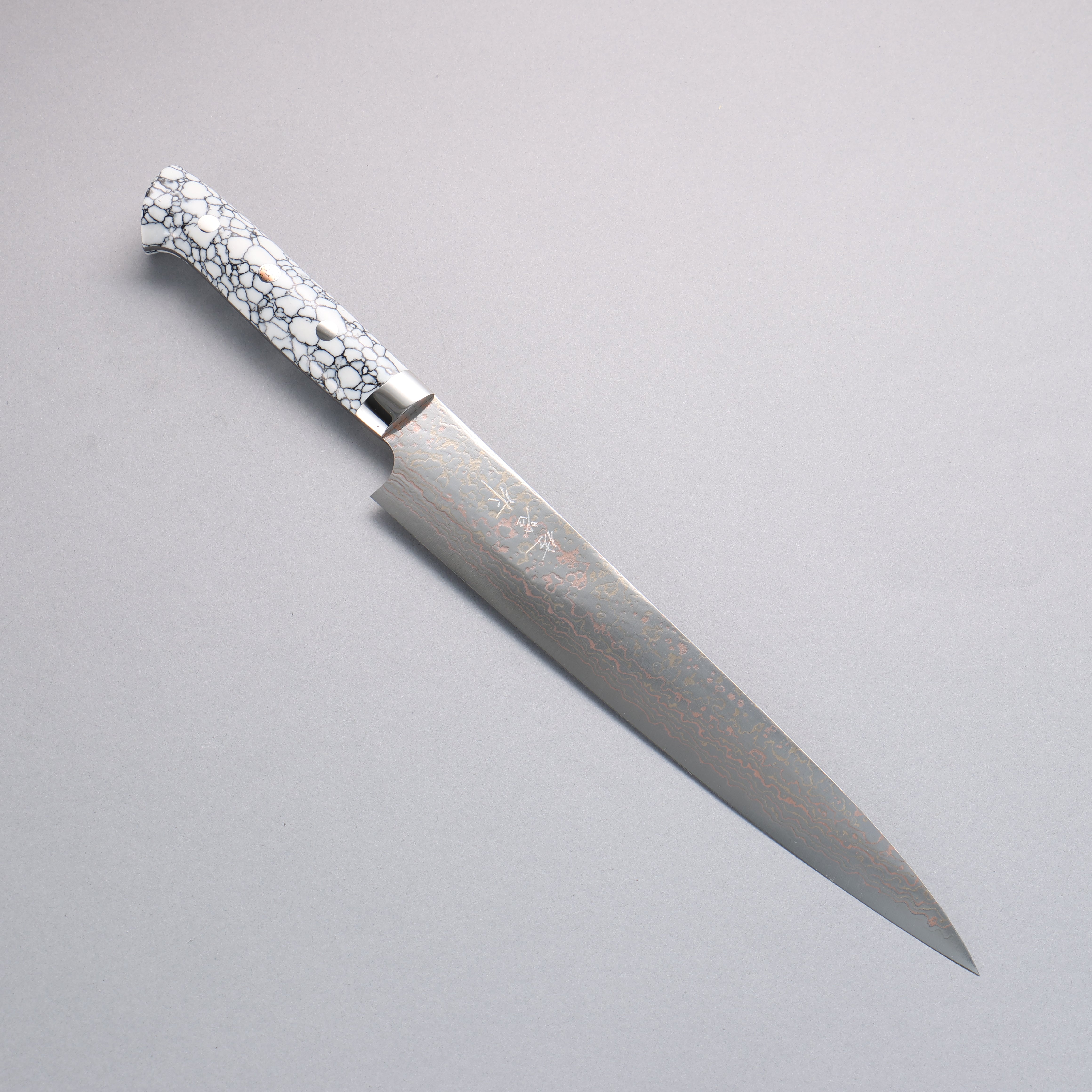 Takeshi Saji VG10w Colored Damascus Sujihiki 240mm White Turquoise Handle - Seisuke Knife
