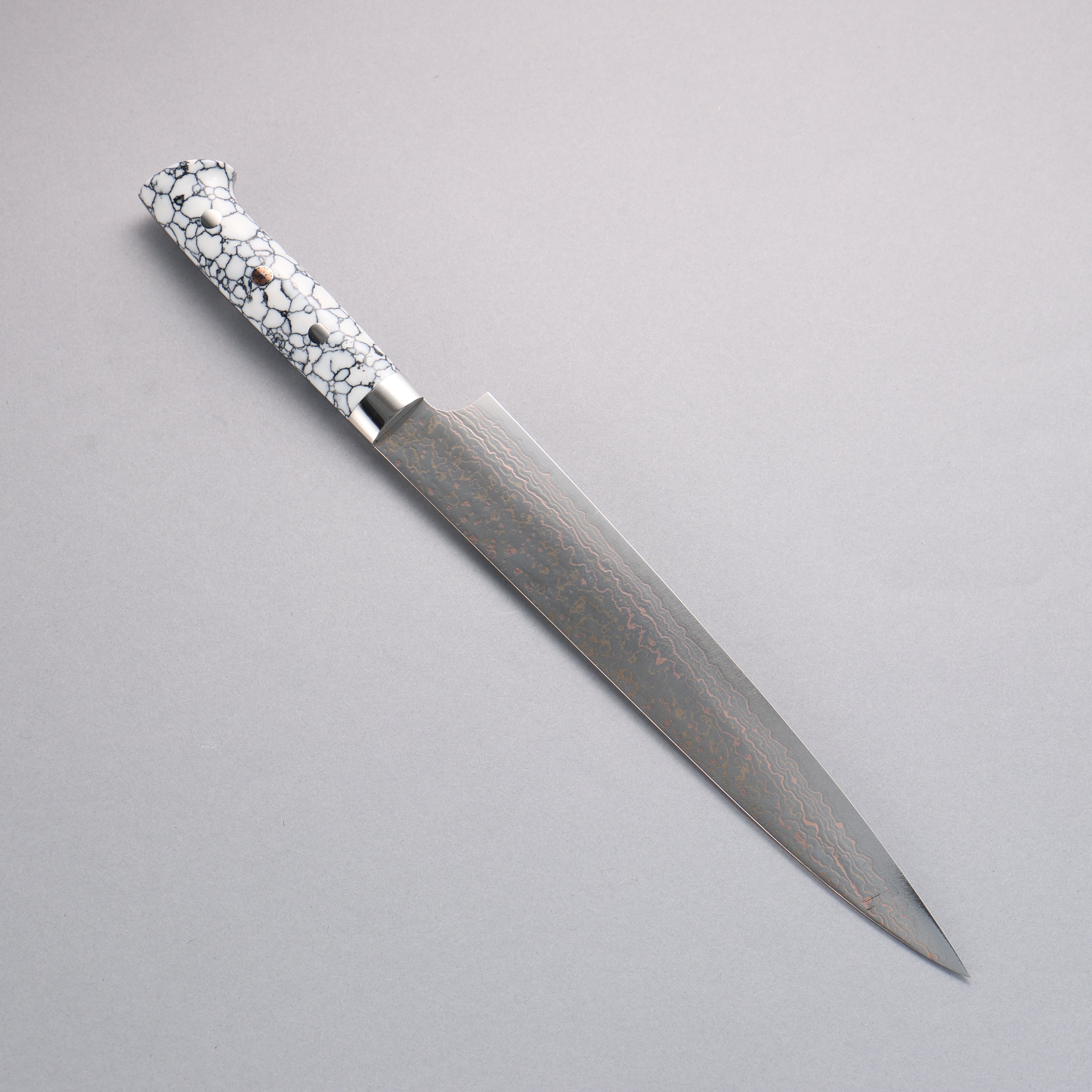 Takeshi Saji VG10w Colored Damascus Sujihiki 240mm White Turquoise Handle - Seisuke Knife