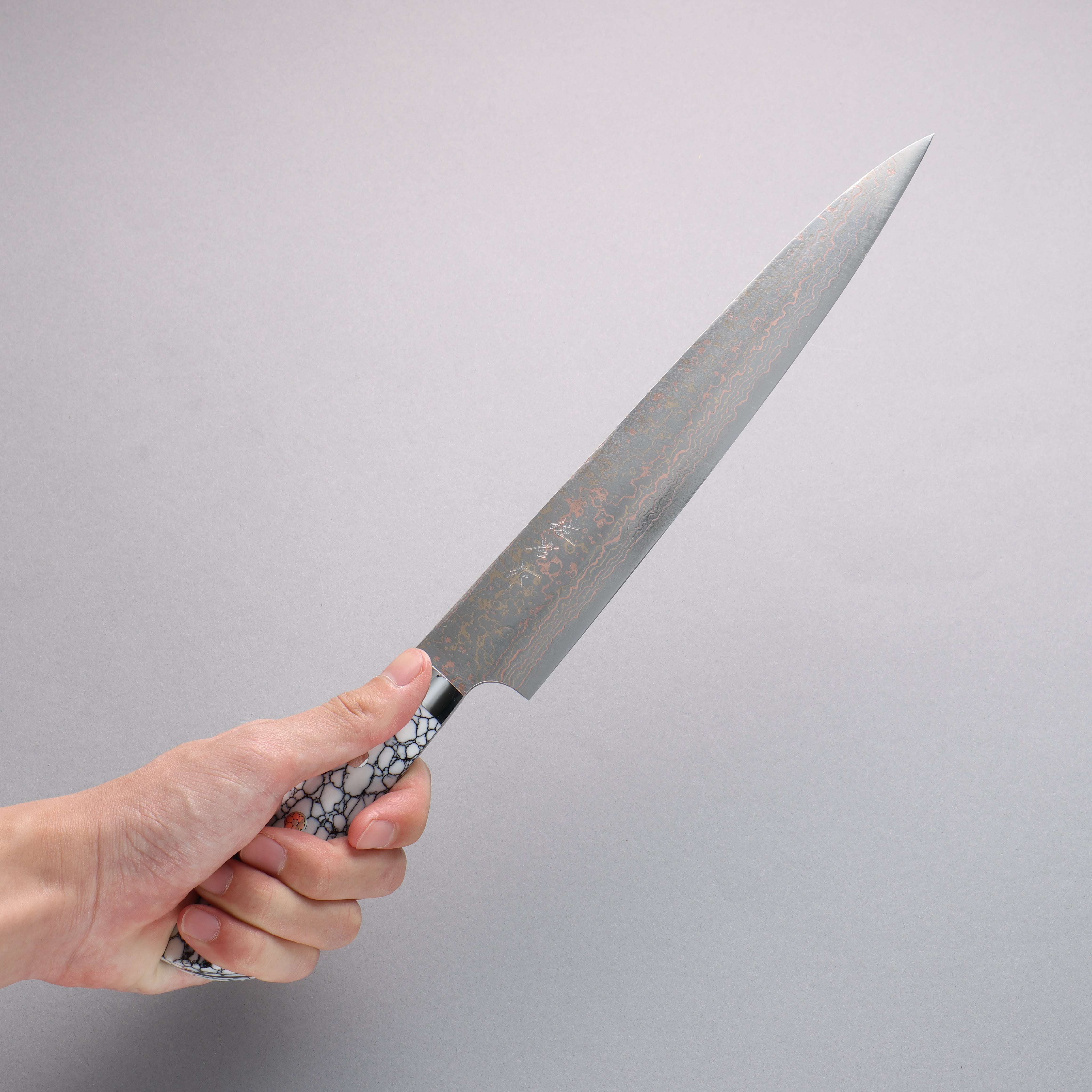 Takeshi Saji VG10w Colored Damascus Sujihiki 240mm White Turquoise Handle - Seisuke Knife