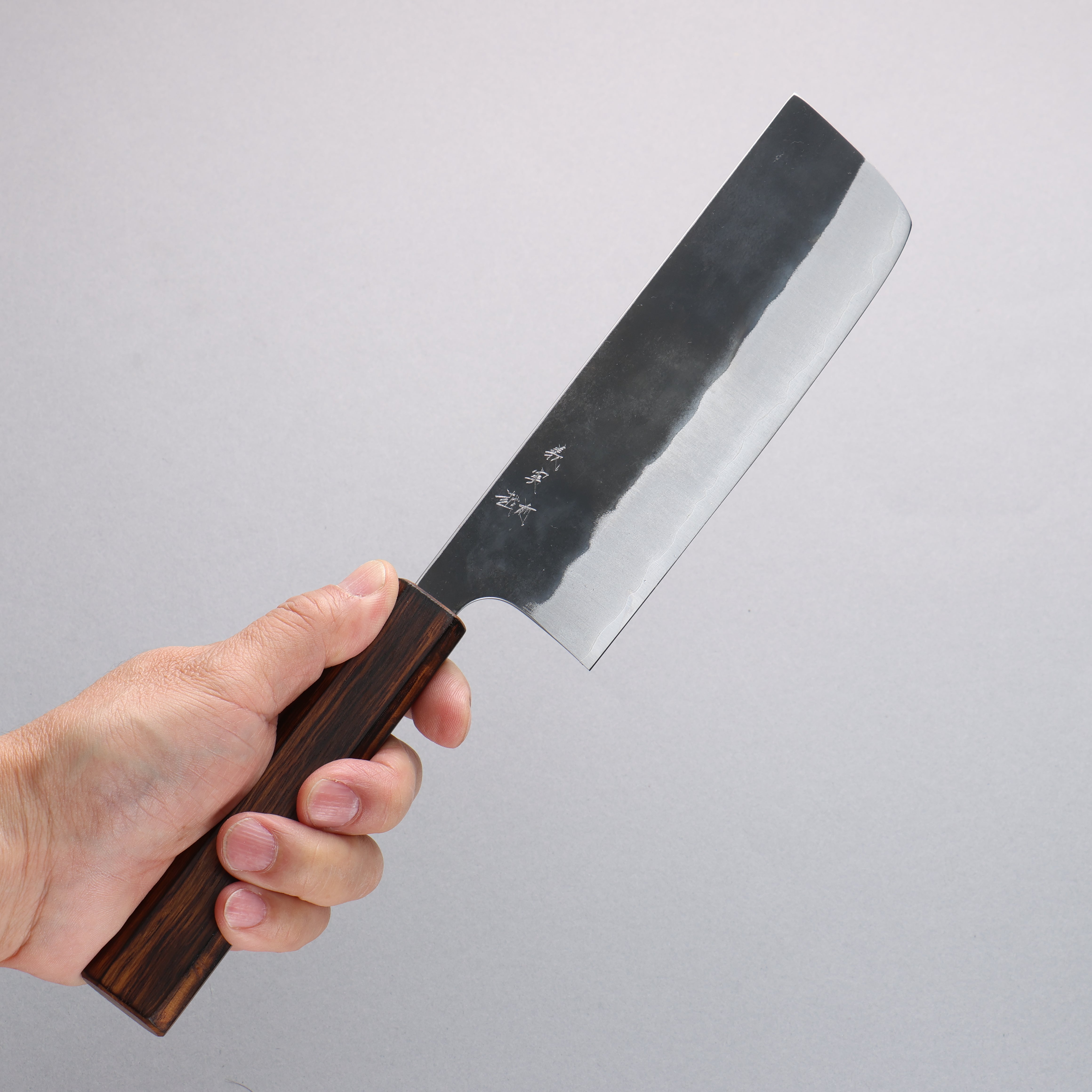 Yoshimi Kato Blue Super Black Finished Nakiri 165mm Burnt Oak (Lacquered) Handle - Seisuke Knife