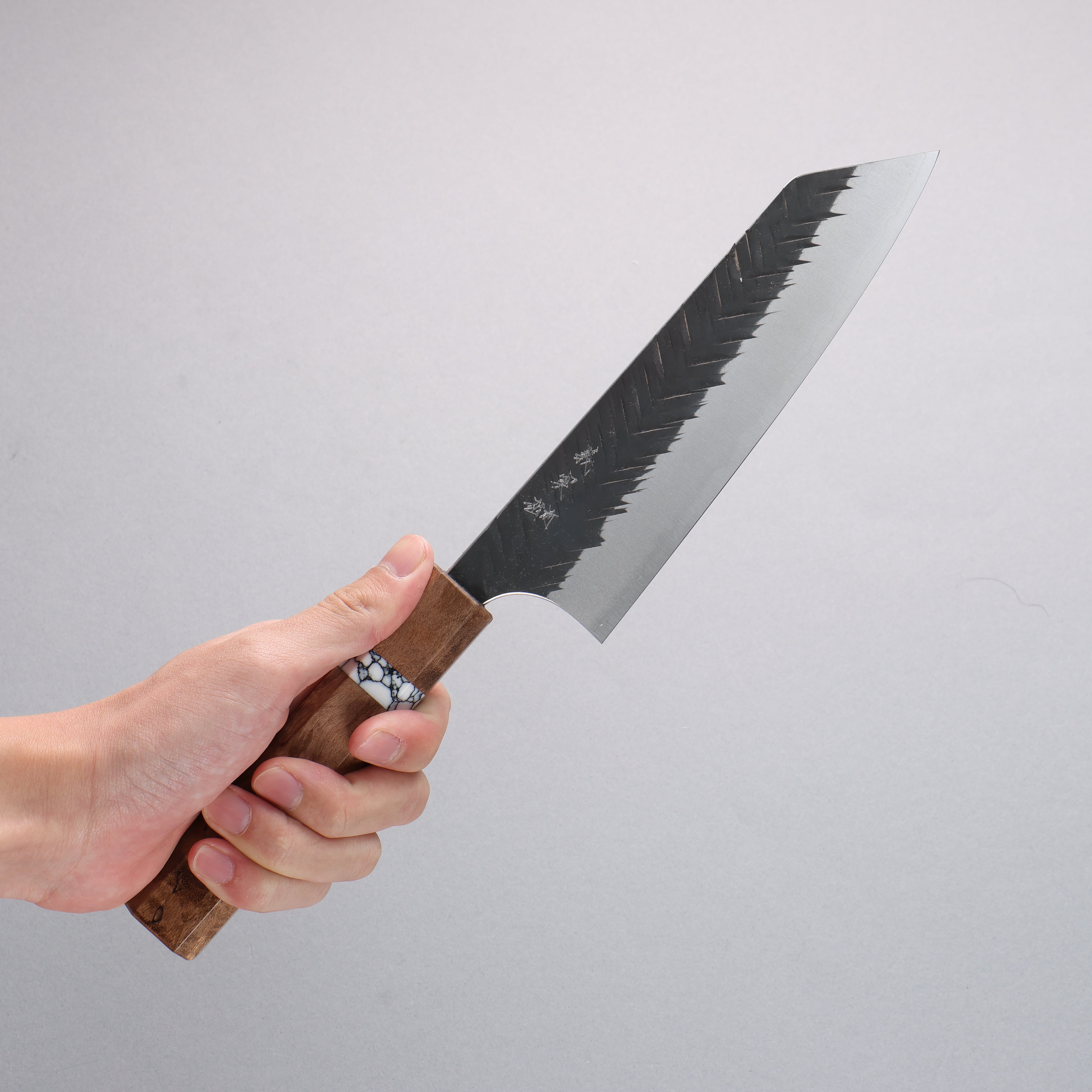 Yoshimi Kato Blue Super V-Hammered Black Finished Bunka 170mm White Turquoise & Brown Stabilized Wood Handle - Seisuke Knife