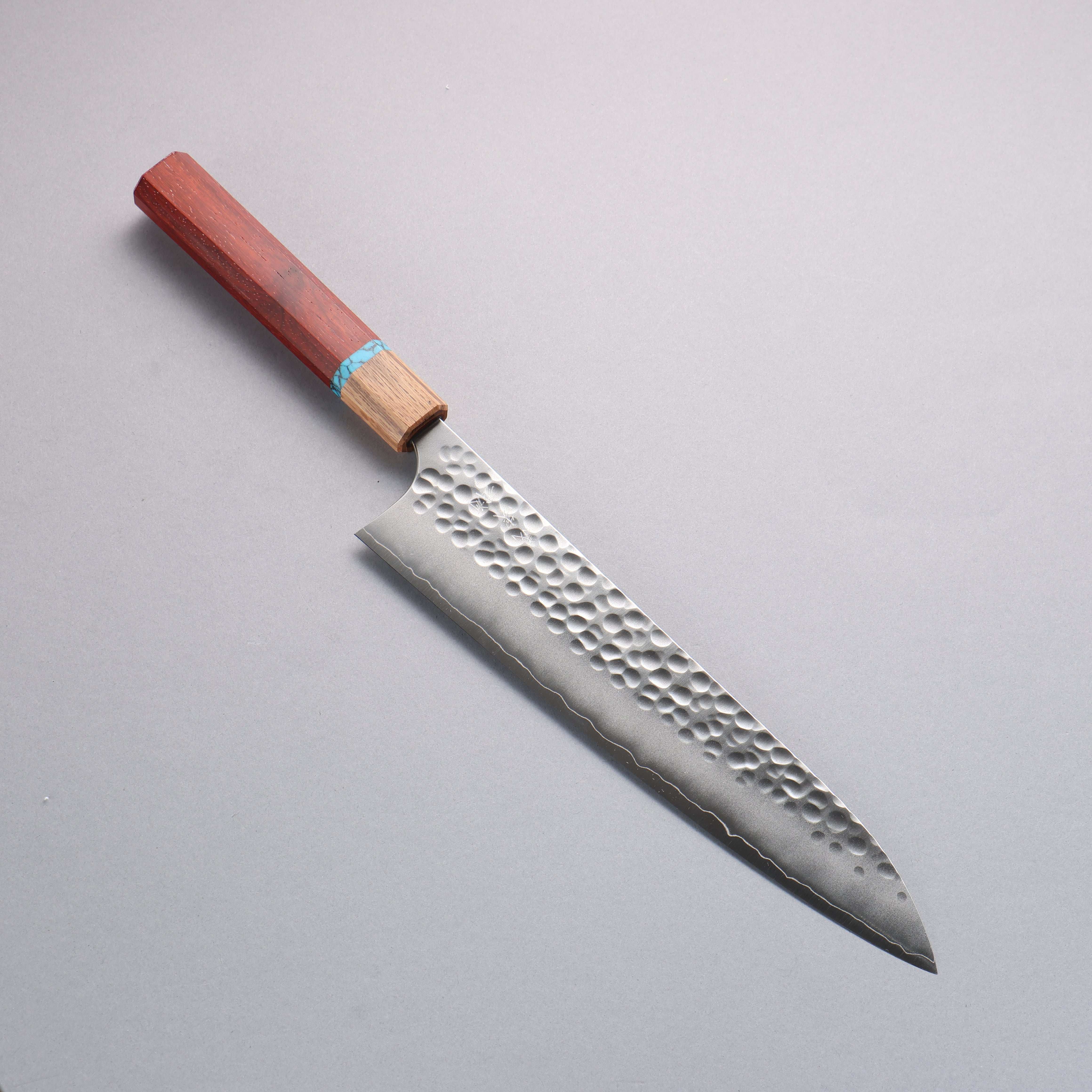 Yoshimi Kato Silver Steel No.3 Maru Hammered Migaki Gyuto 240mm Padoauk & Turquoise Handle - Seisuke Knife