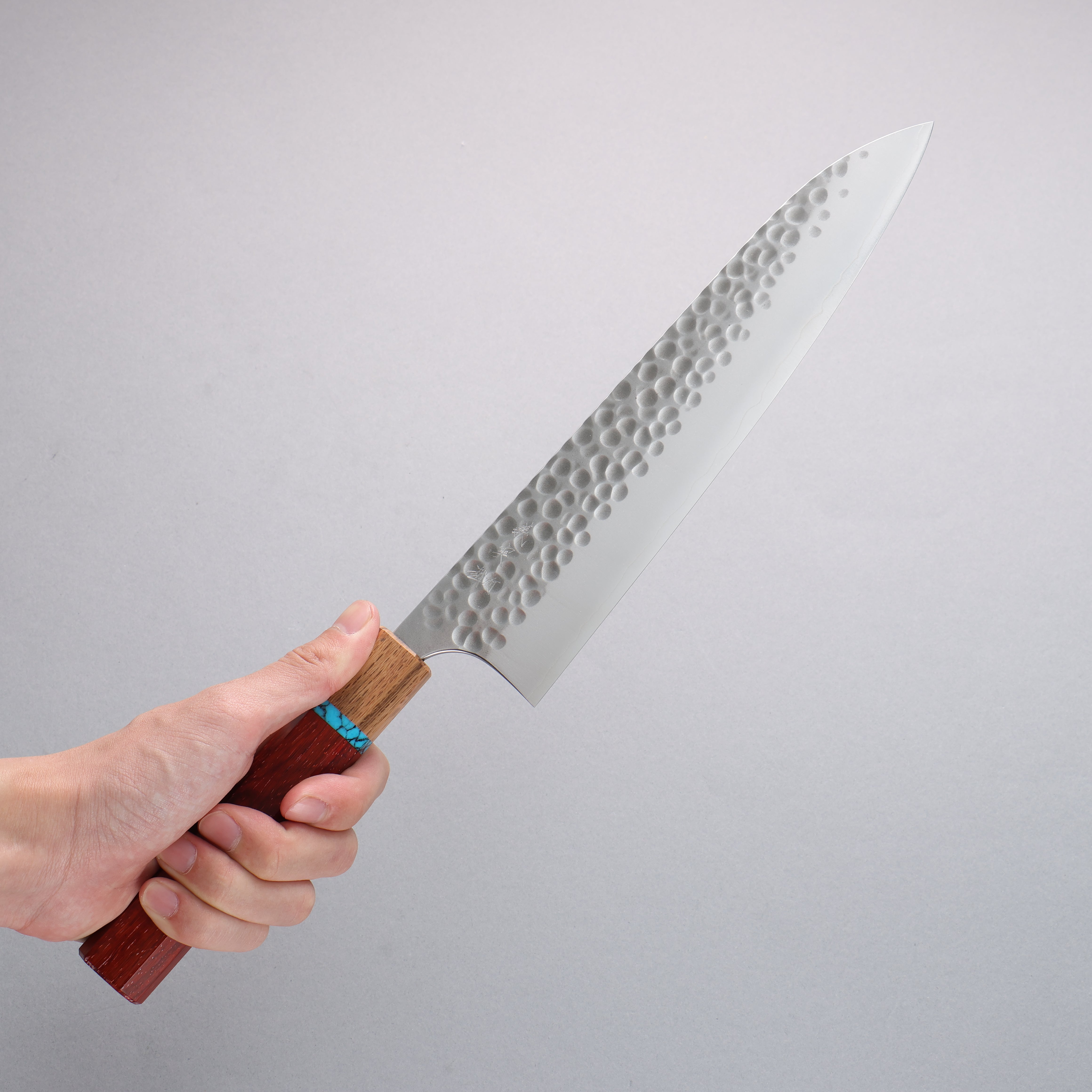 Yoshimi Kato Silver Steel No.3 Maru Hammered Migaki Gyuto 240mm Padoauk & Turquoise Handle - Seisuke Knife