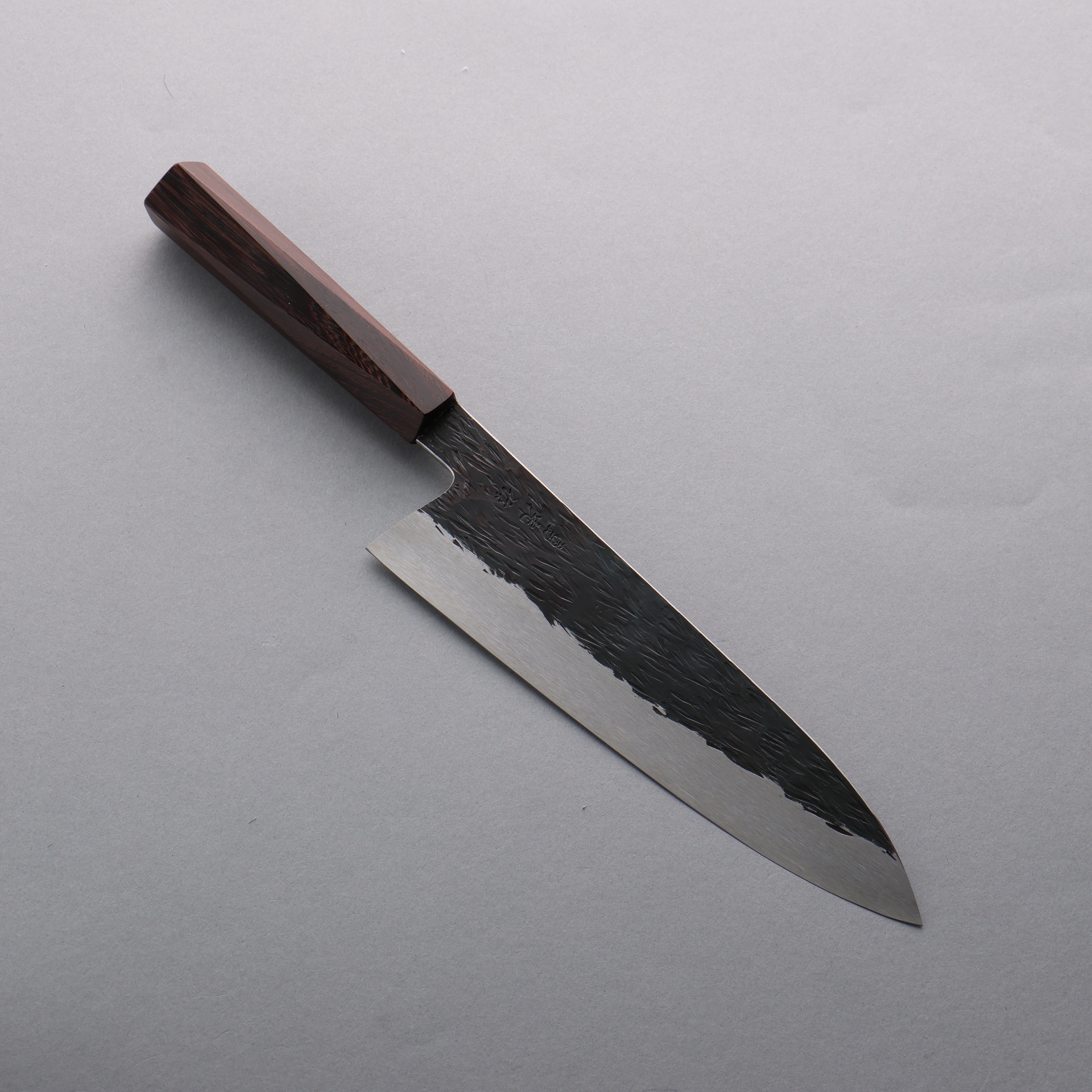 Isamitsu Abe Blue Super Hammered Kurouchi Gyuto 210mm Pentagonal Purple Bombay Black Wood Handle - Seisuke Knife